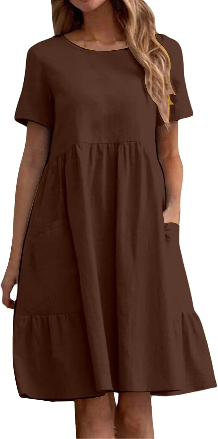 Cotton Linen Dresses Women Loose Fitting Dress Womens Dresses Tshirt Dress with Pockets Plus Size Sundresses