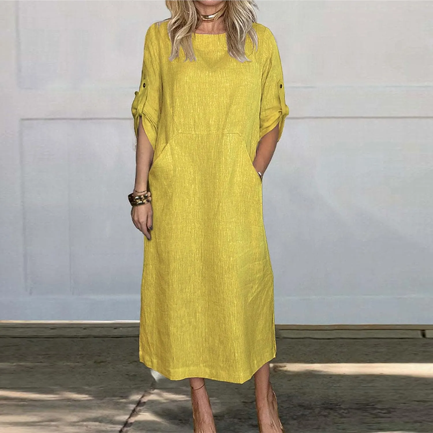 Cotton Linen Summer Dress for Women Short Sleeve Casual Crewneck Dresses Fashion Solid Color Dress with Pockets