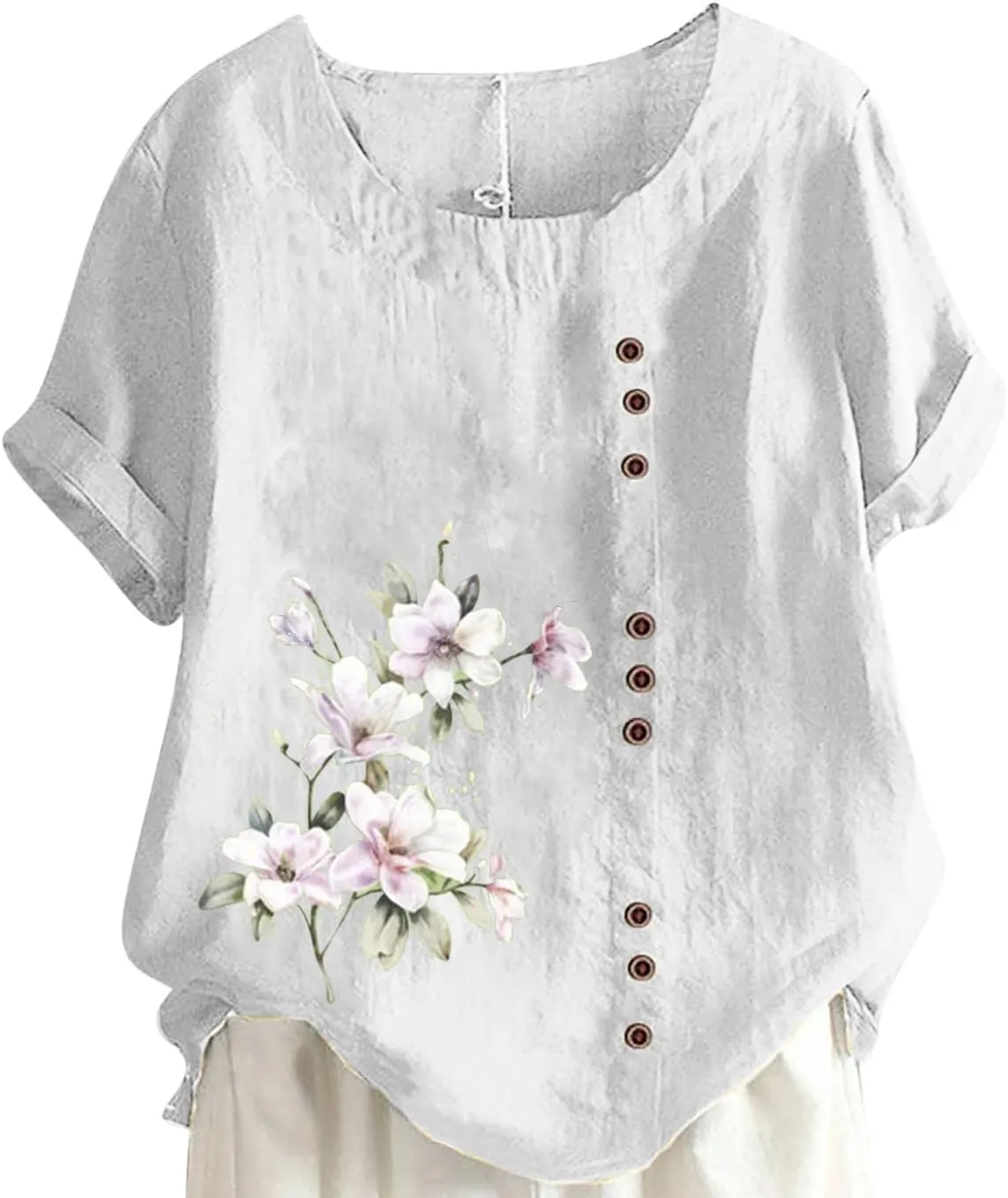 Cotton Linen Tops for Womens 2024 Crewneck Roll Up Short Sleeve Tshirt Trendy Floral Print Casual Loose Fitted Blouse