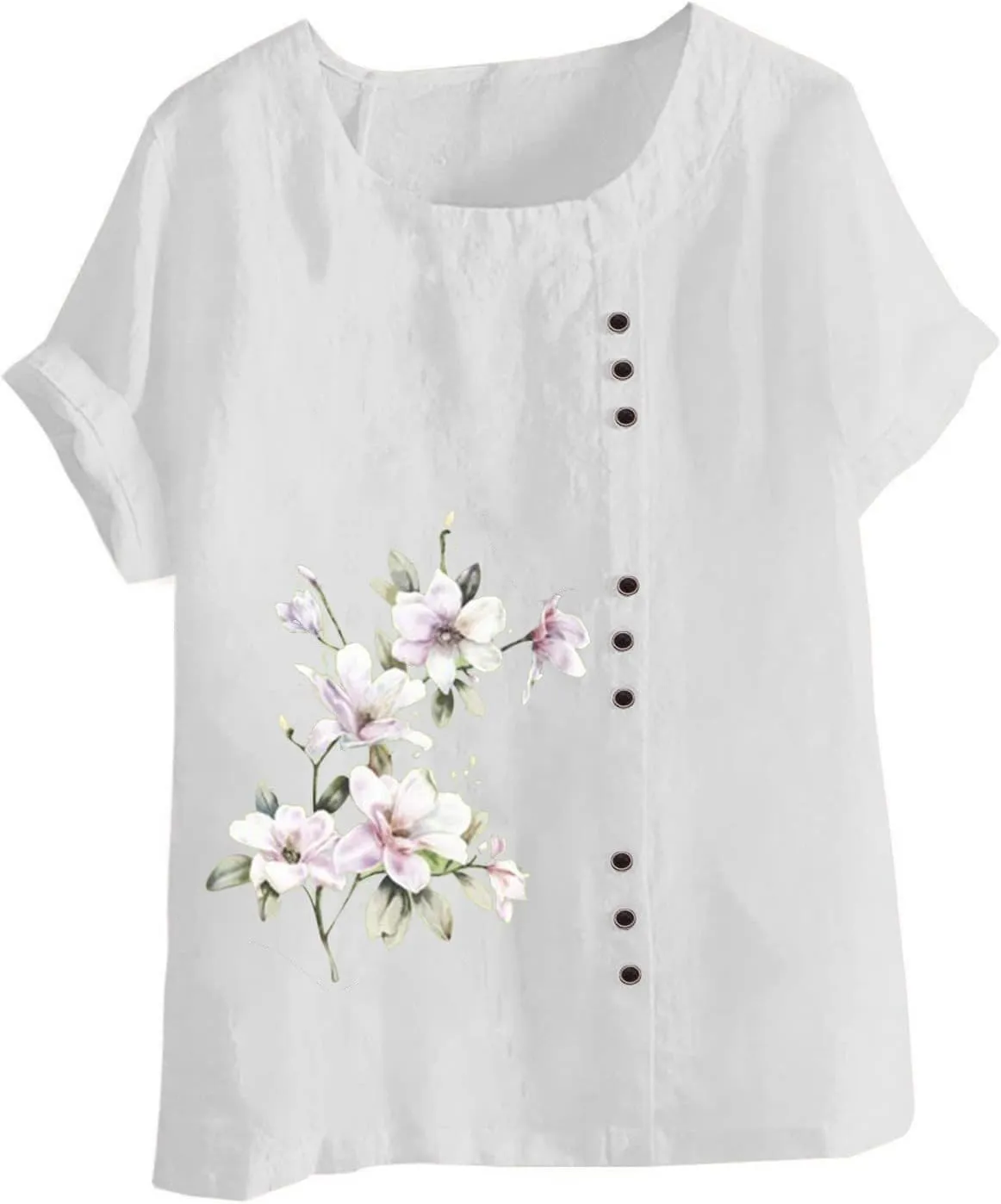Cotton Linen Tops for Womens 2024 Crewneck Roll Up Short Sleeve Tshirt Trendy Floral Print Casual Loose Fitted Blouse