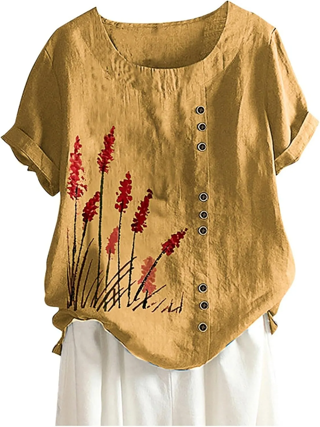Cotton Linen Tops for Womens 2024 Crewneck Roll Up Short Sleeve Tshirt Trendy Floral Print Casual Loose Fitted Blouse