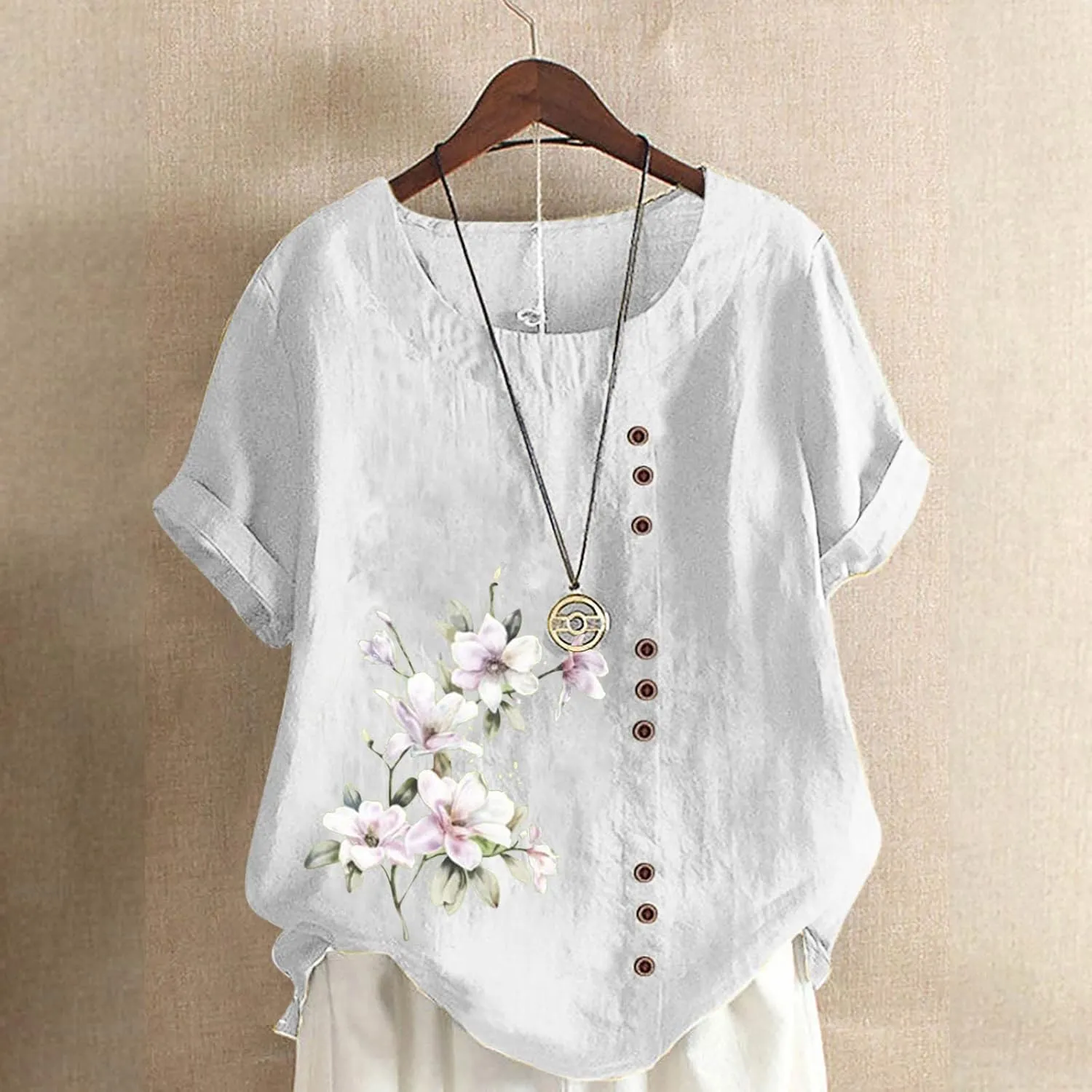 Cotton Linen Tops for Womens 2024 Crewneck Roll Up Short Sleeve Tshirt Trendy Floral Print Casual Loose Fitted Blouse