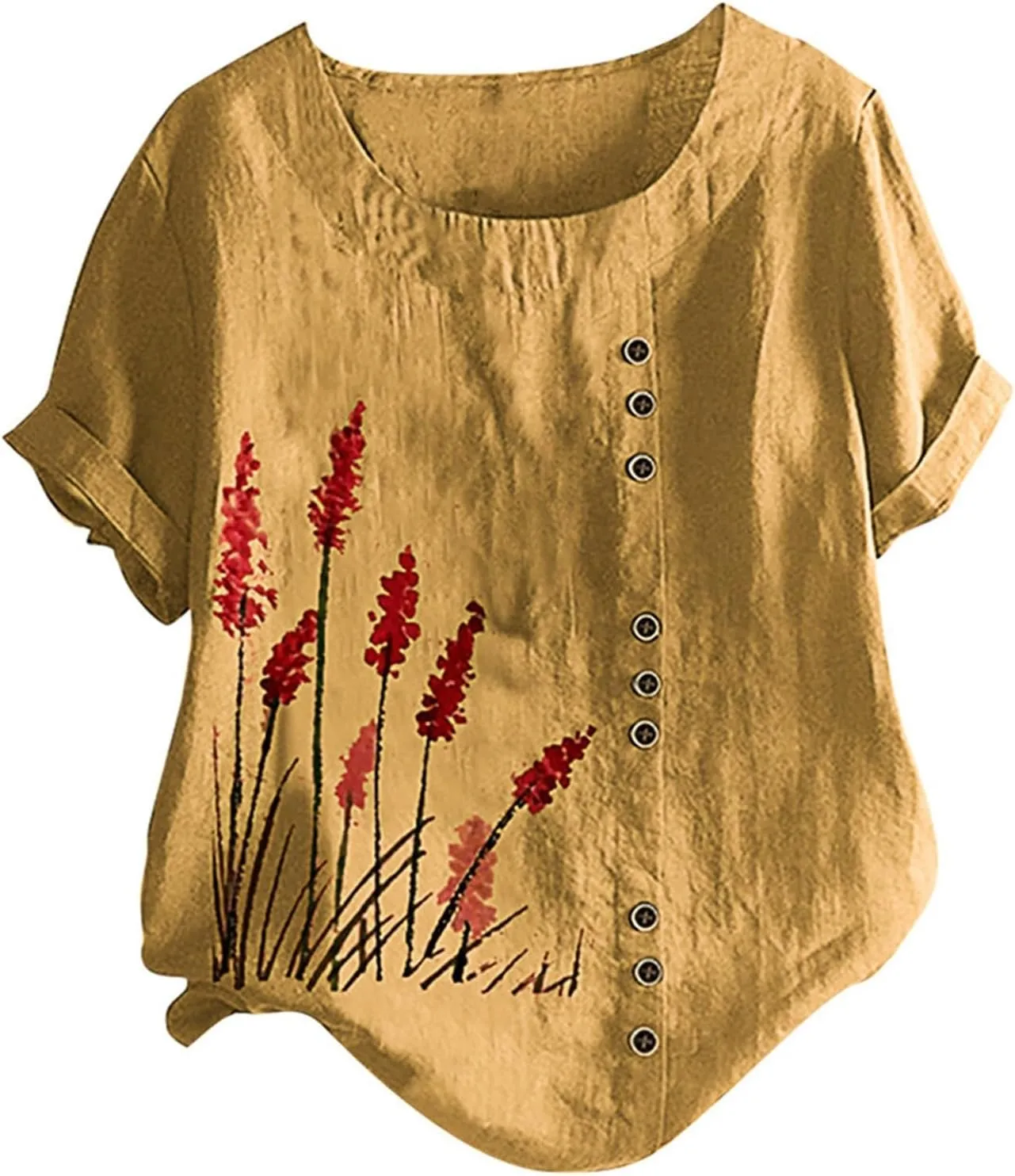 Cotton Linen Tops for Womens 2024 Crewneck Roll Up Short Sleeve Tshirt Trendy Floral Print Casual Loose Fitted Blouse