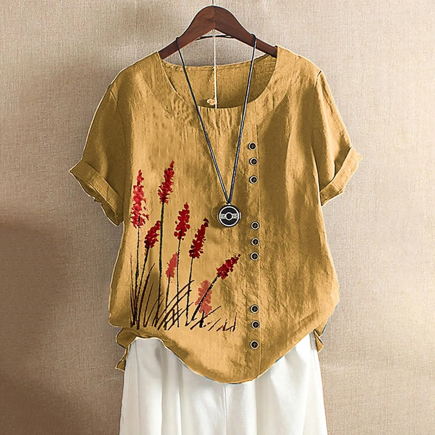 Cotton Linen Tops for Womens 2024 Crewneck Roll Up Short Sleeve Tshirt Trendy Floral Print Casual Loose Fitted Blouse