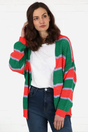 Cotton Open Knit Cardigan Stripes in Green Orange