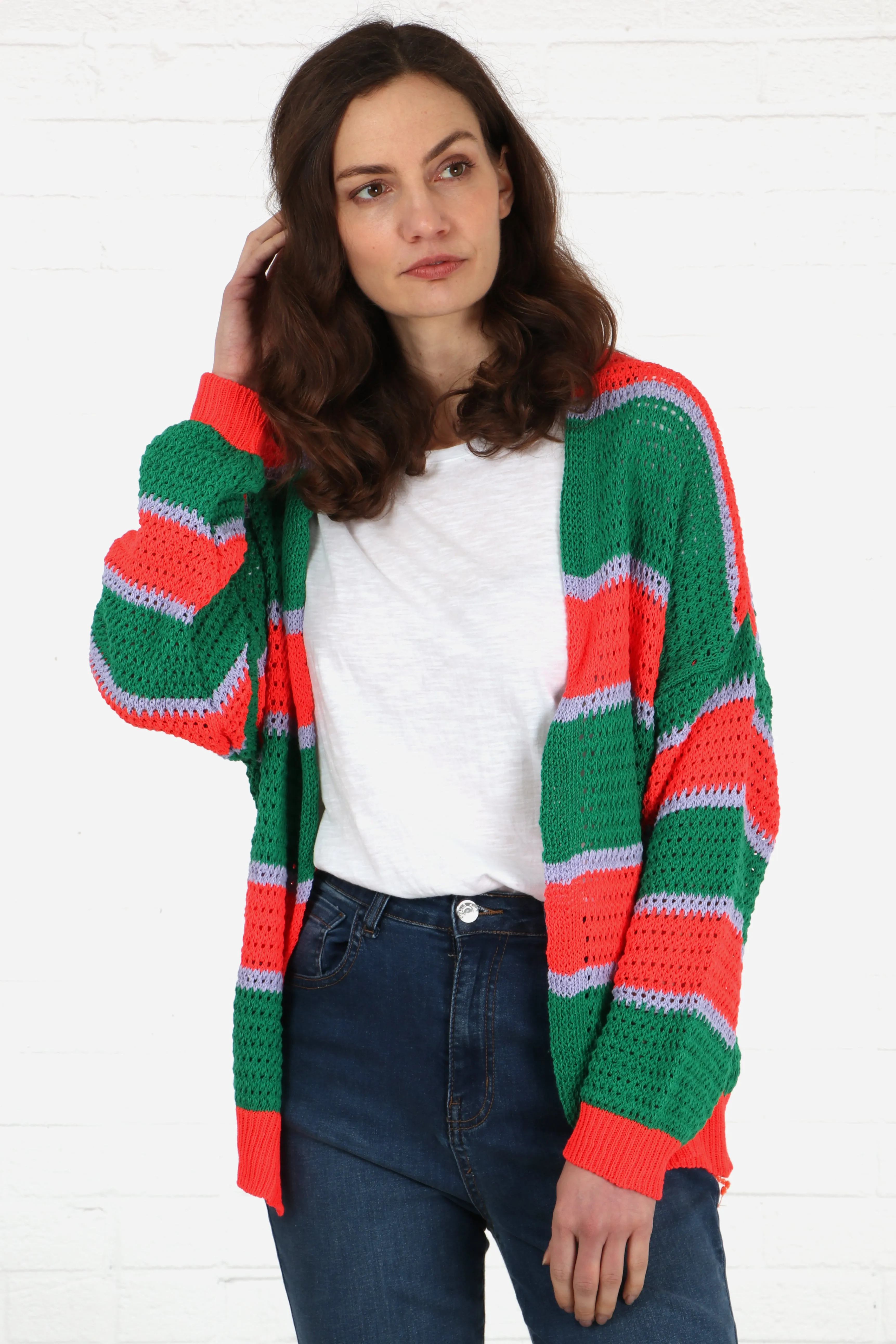Cotton Open Knit Cardigan Stripes in Green Orange