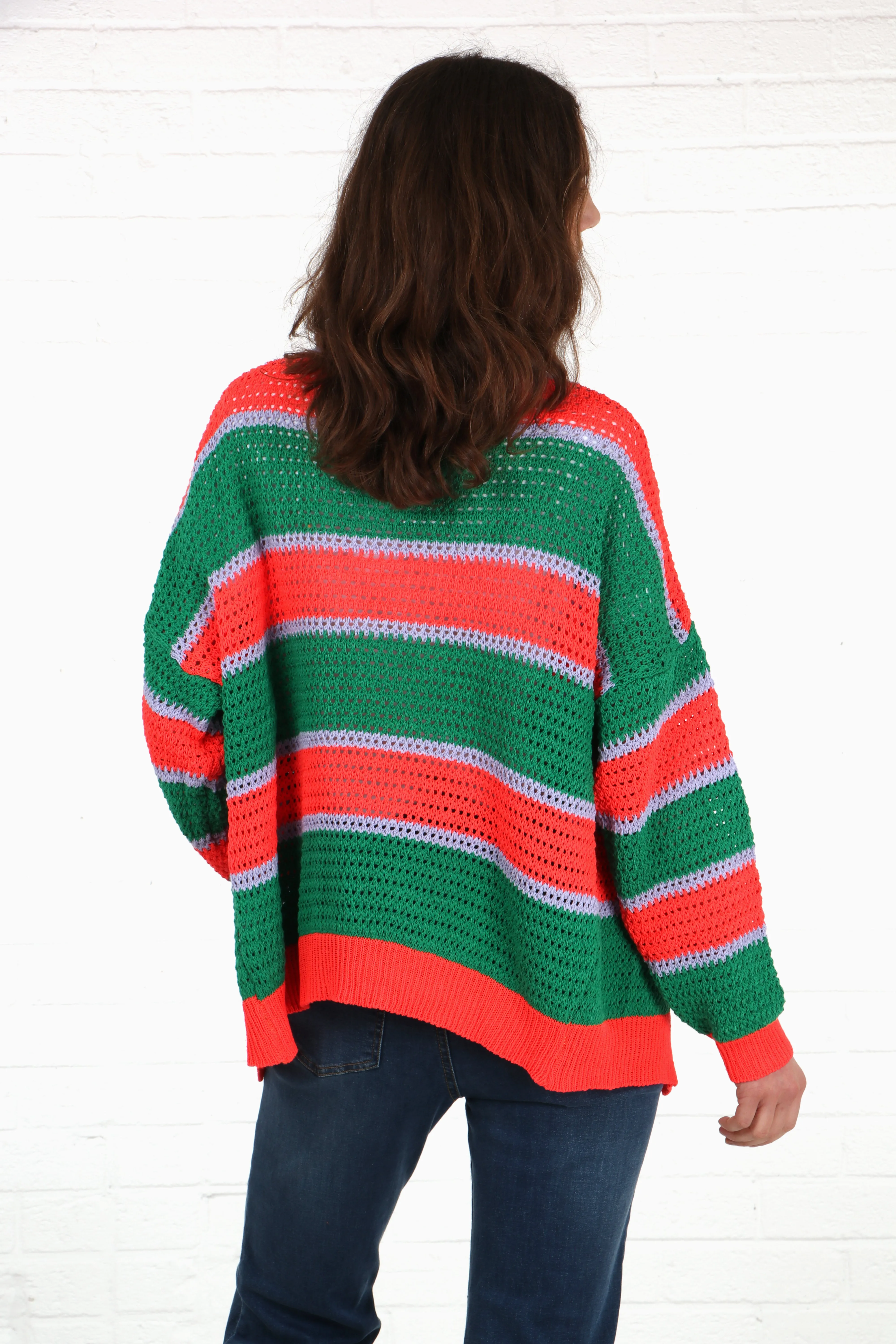 Cotton Open Knit Cardigan Stripes in Green Orange