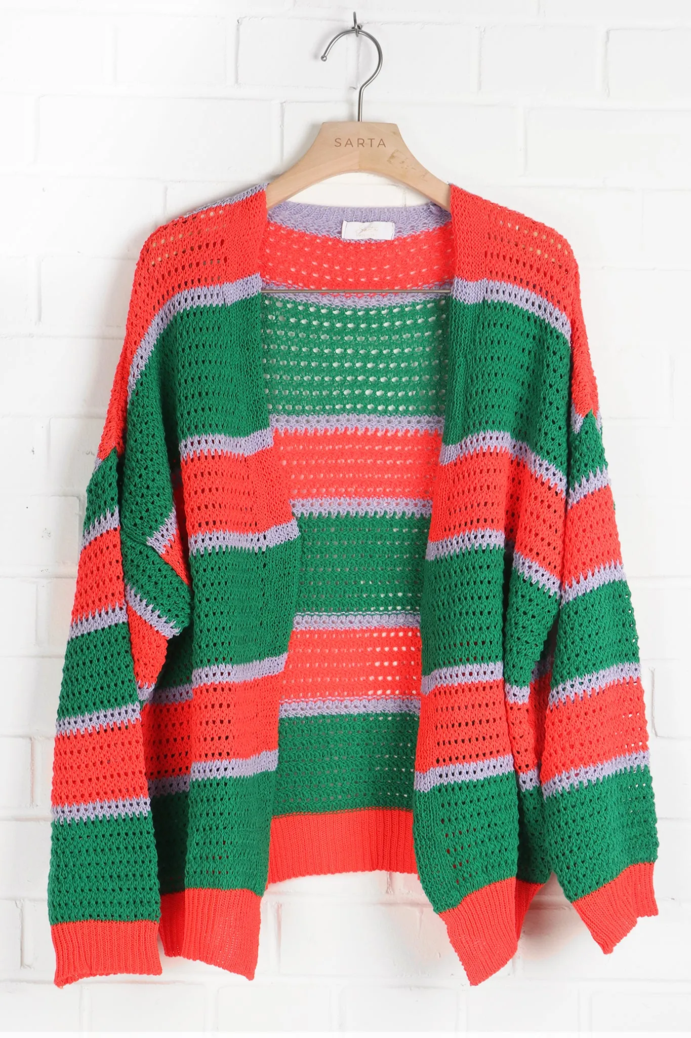 Cotton Open Knit Cardigan Stripes in Green Orange