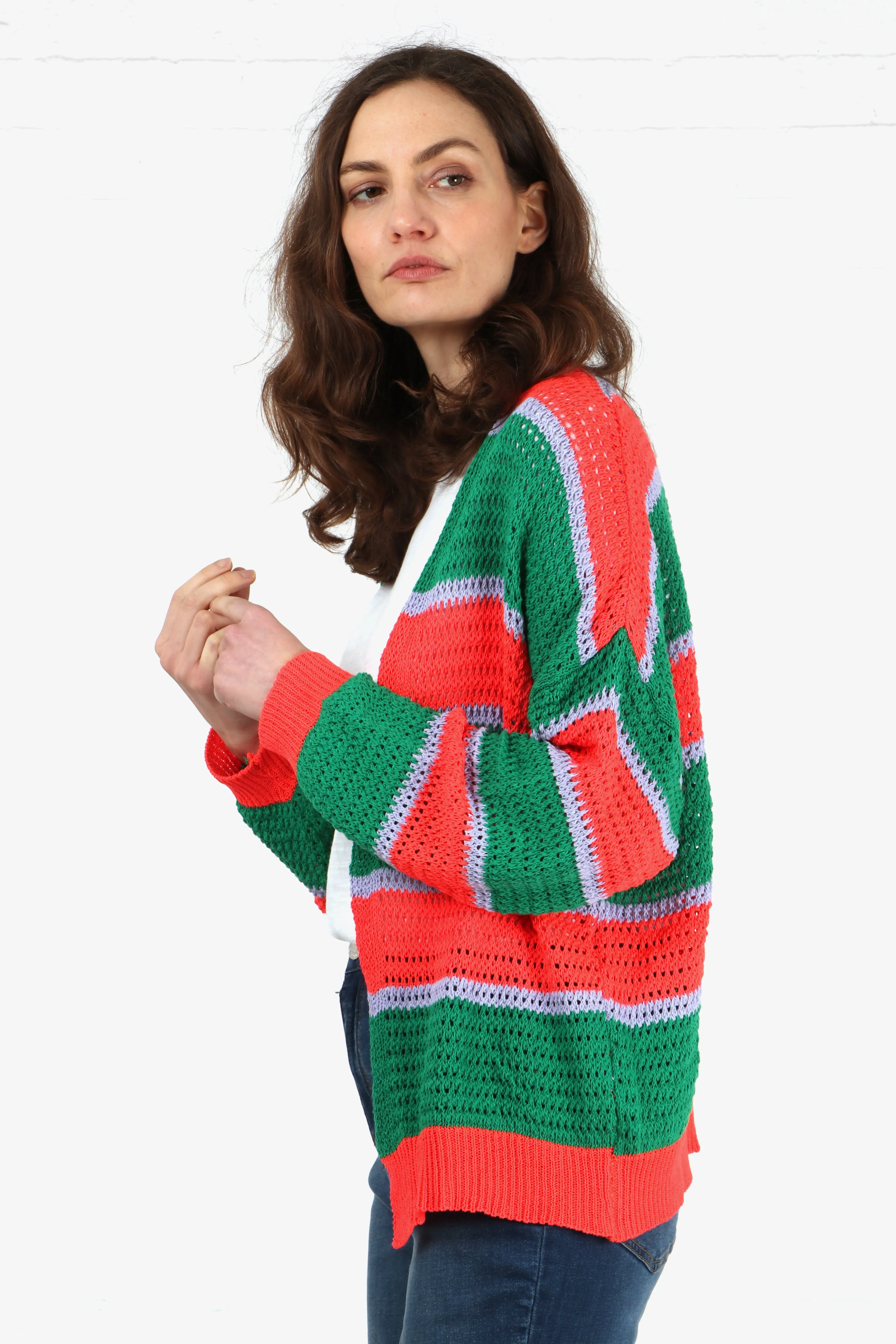 Cotton Open Knit Cardigan Stripes in Green Orange