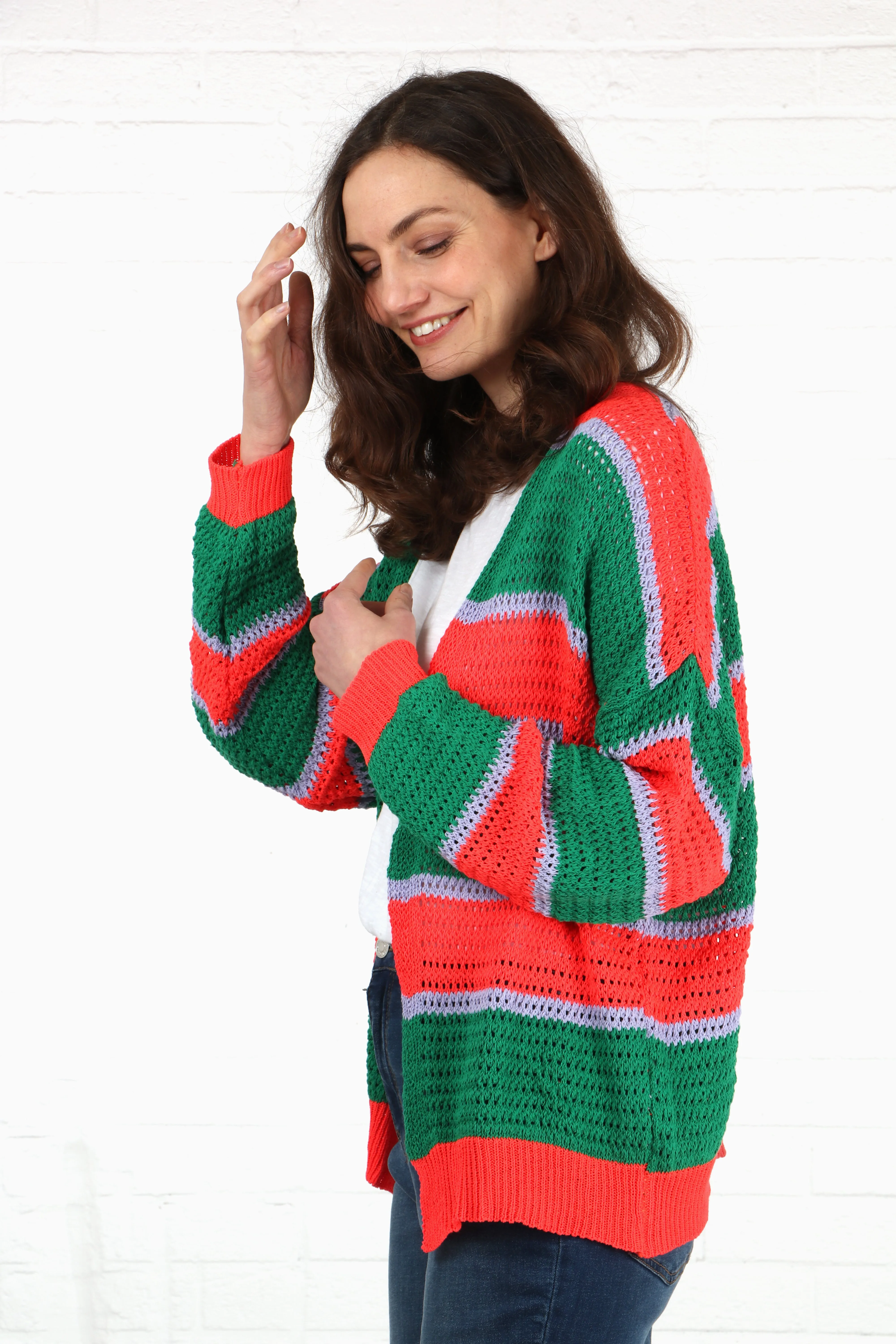 Cotton Open Knit Cardigan Stripes in Green Orange