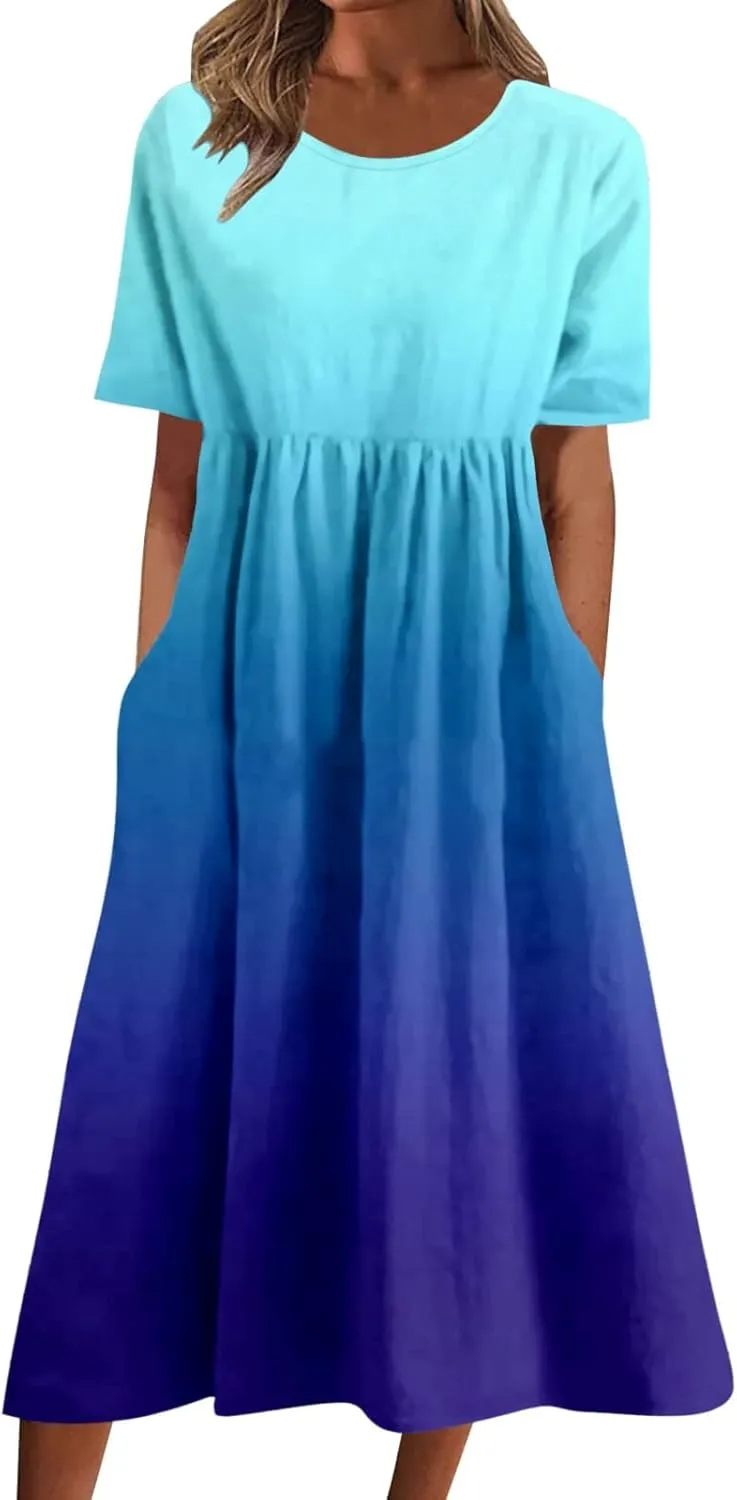 Dresses for Women 2024 Casual Loose Crewneck Short Sleeve Maxi Dress Gradient Ruched Empire Waist Summer Dresses