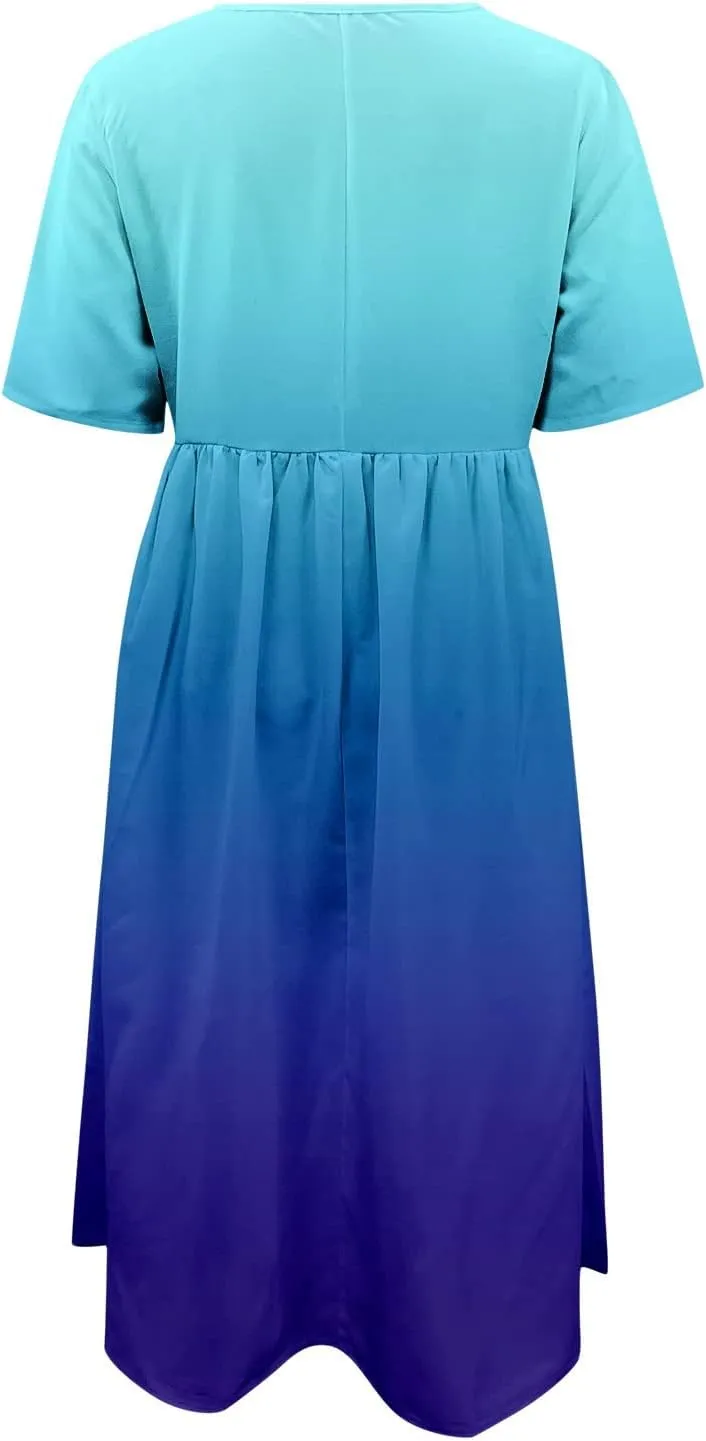Dresses for Women 2024 Casual Loose Crewneck Short Sleeve Maxi Dress Gradient Ruched Empire Waist Summer Dresses