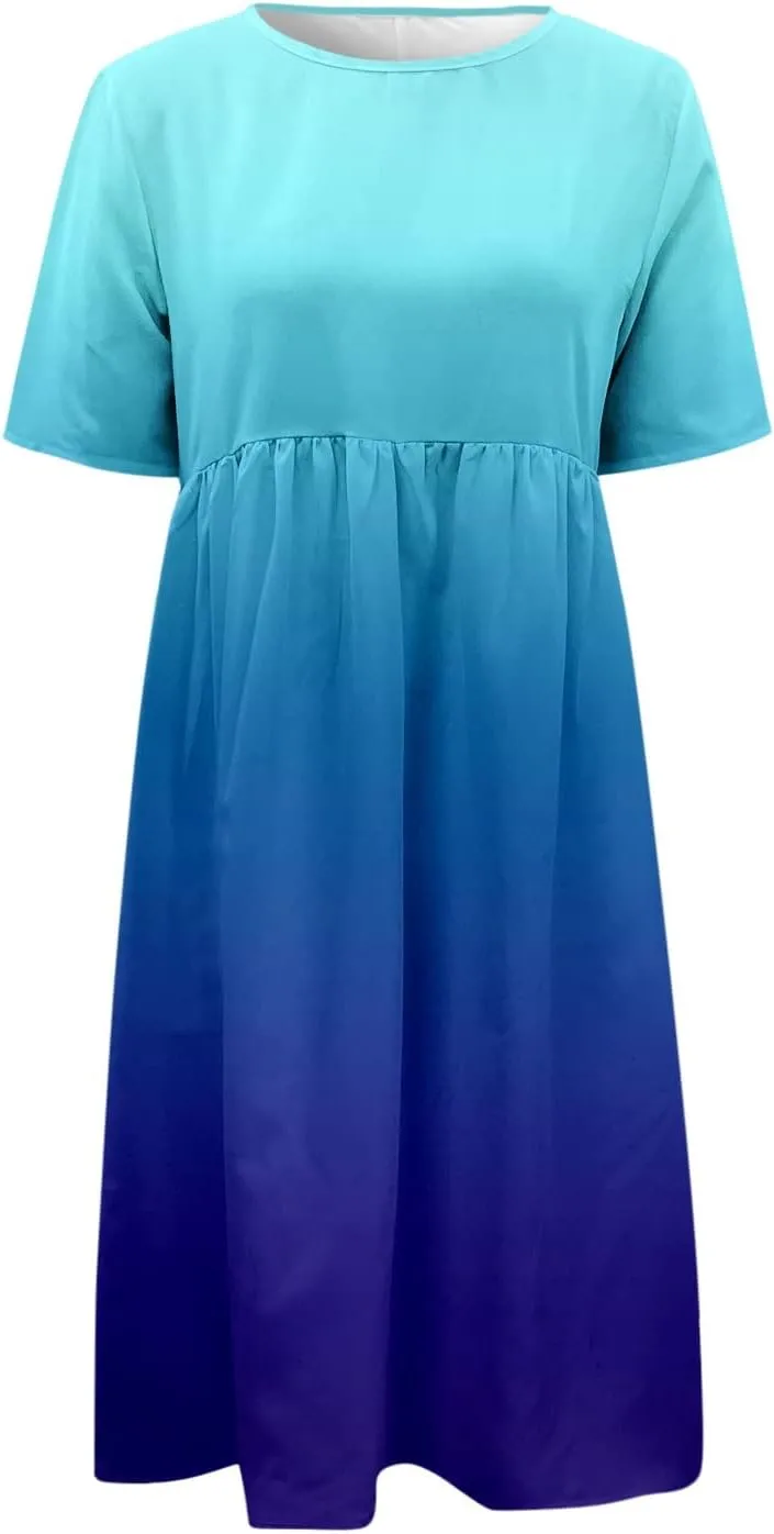 Dresses for Women 2024 Casual Loose Crewneck Short Sleeve Maxi Dress Gradient Ruched Empire Waist Summer Dresses