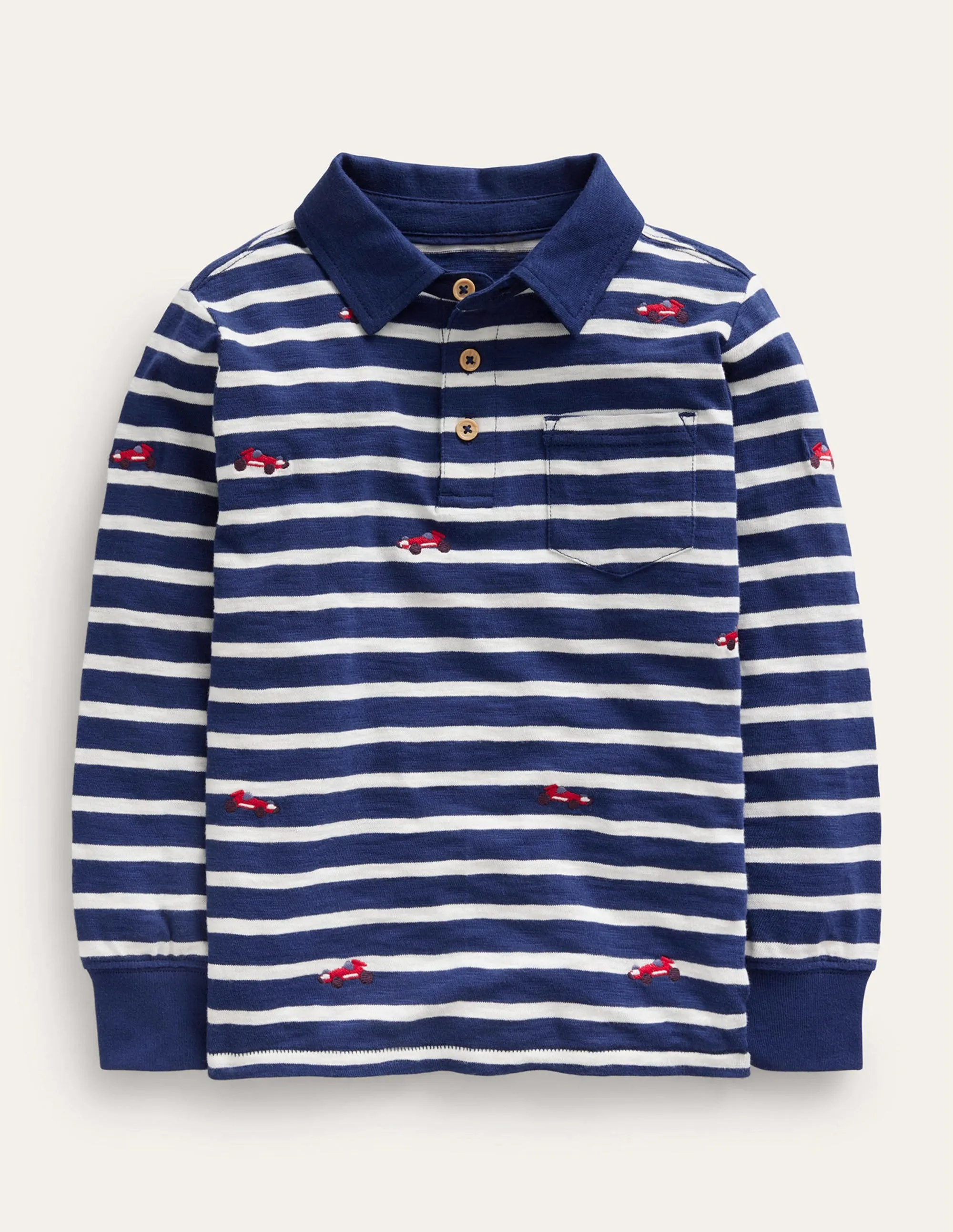 Embroidery Slub Polo-Ivory/Navy Cars