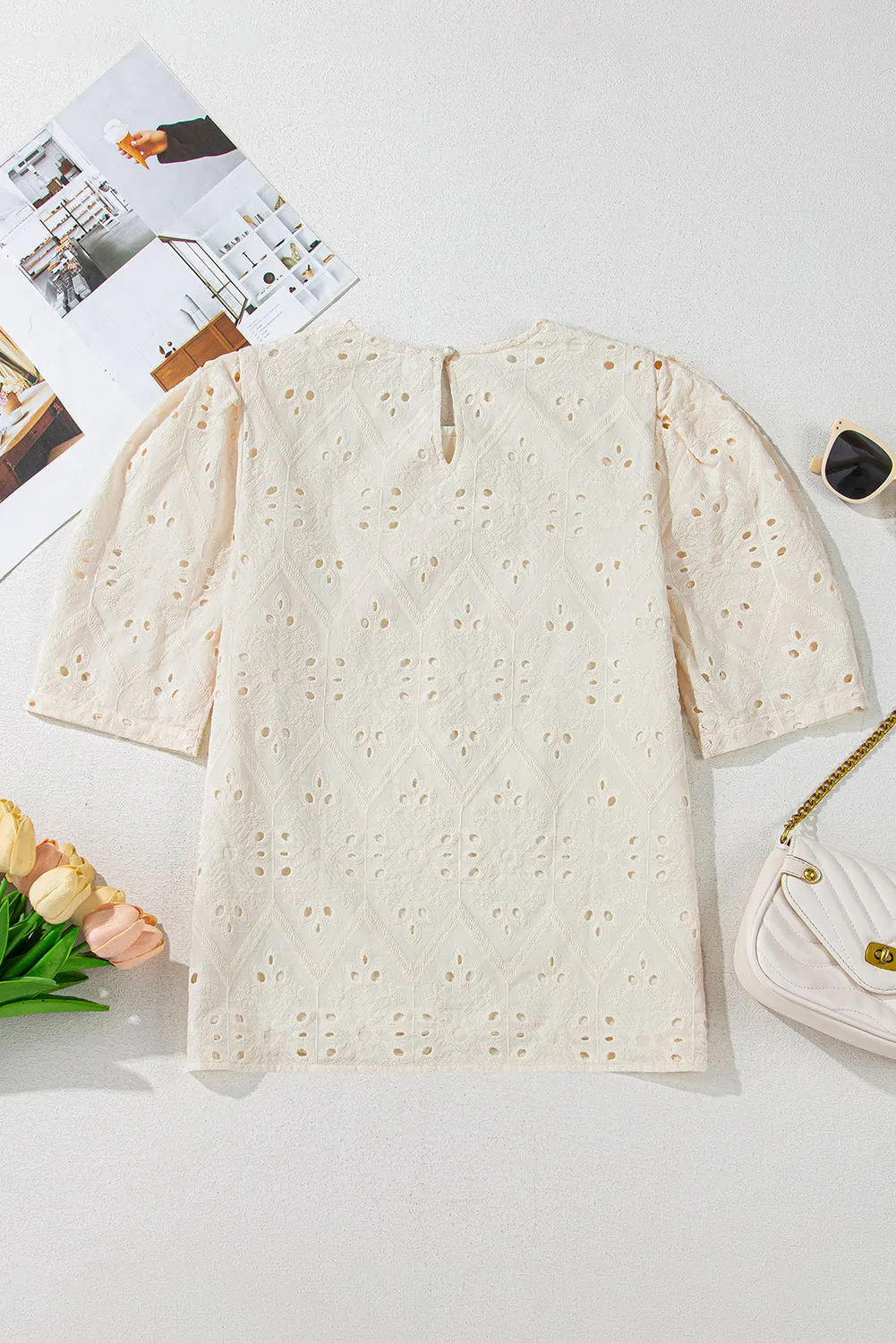 Eyelet Embroidered Short Sleeve Spring Blouse
