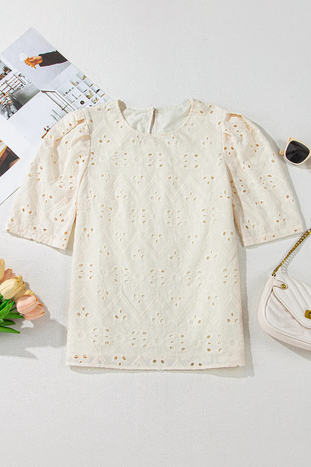 Eyelet Embroidered Short Sleeve Spring Blouse