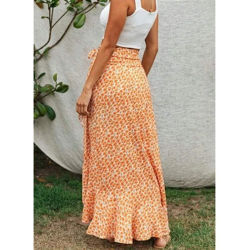 FashionSierra - Women Boho Floral Jersey Gypsy High Waist Long Skirt Ladies Summer Beach Holiday Casual Ruffle Wrap Sundress