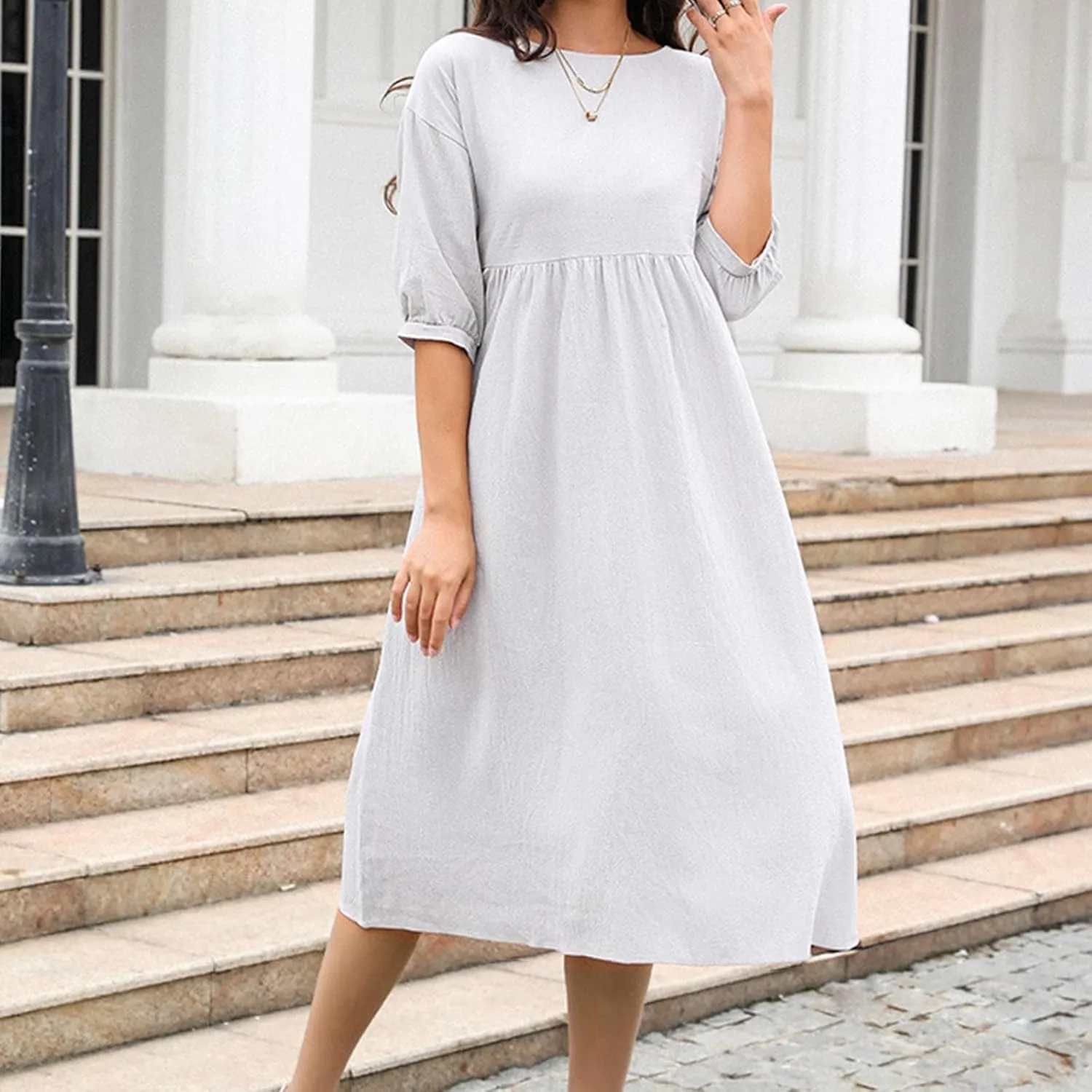 Finelylove Womens Casual Midi Dress Cotton Linen A Line Summer Dress Half Sleeve Flowy Sundress Casual Vacation Beach Dress