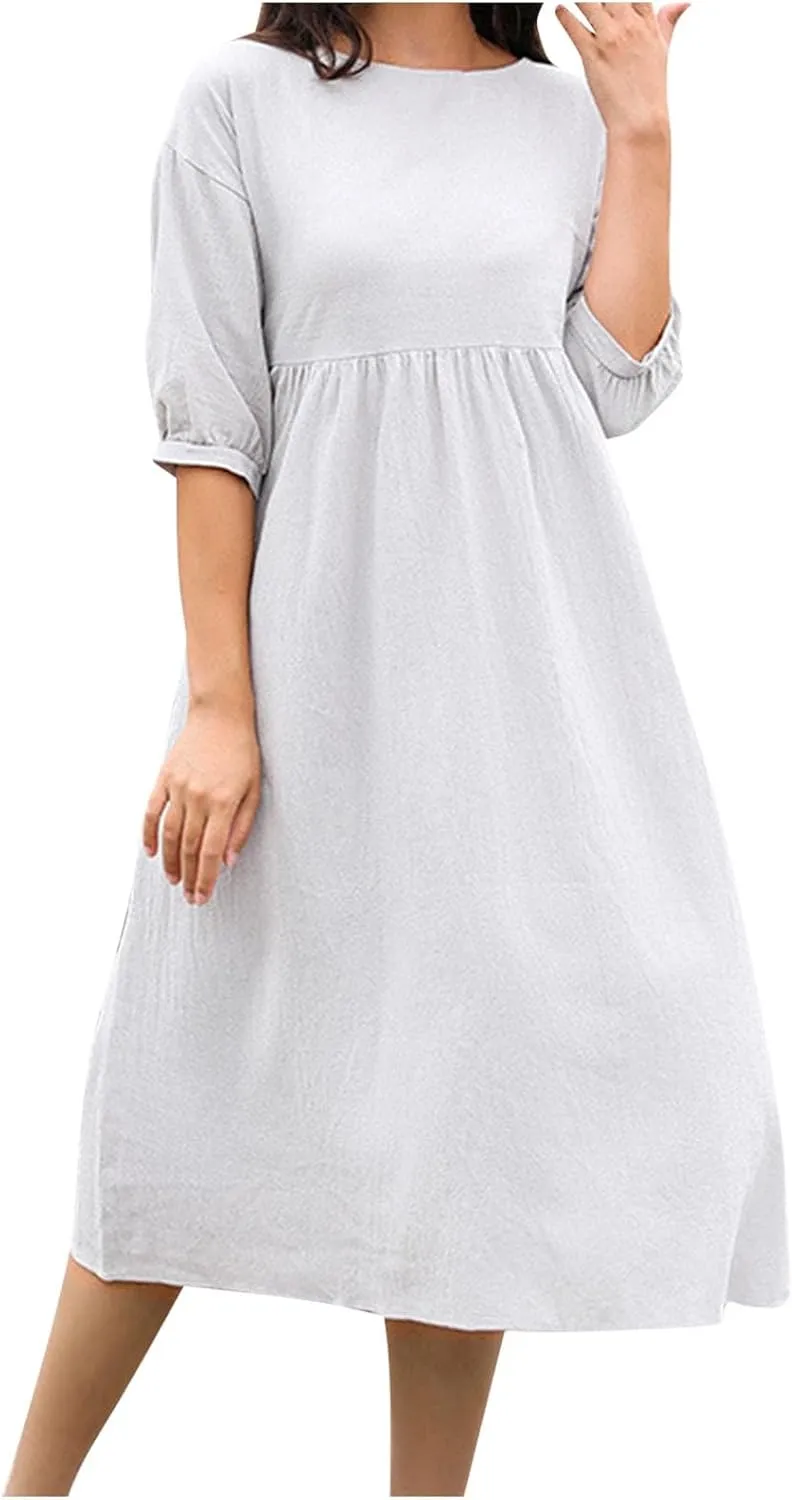 Finelylove Womens Casual Midi Dress Cotton Linen A Line Summer Dress Half Sleeve Flowy Sundress Casual Vacation Beach Dress
