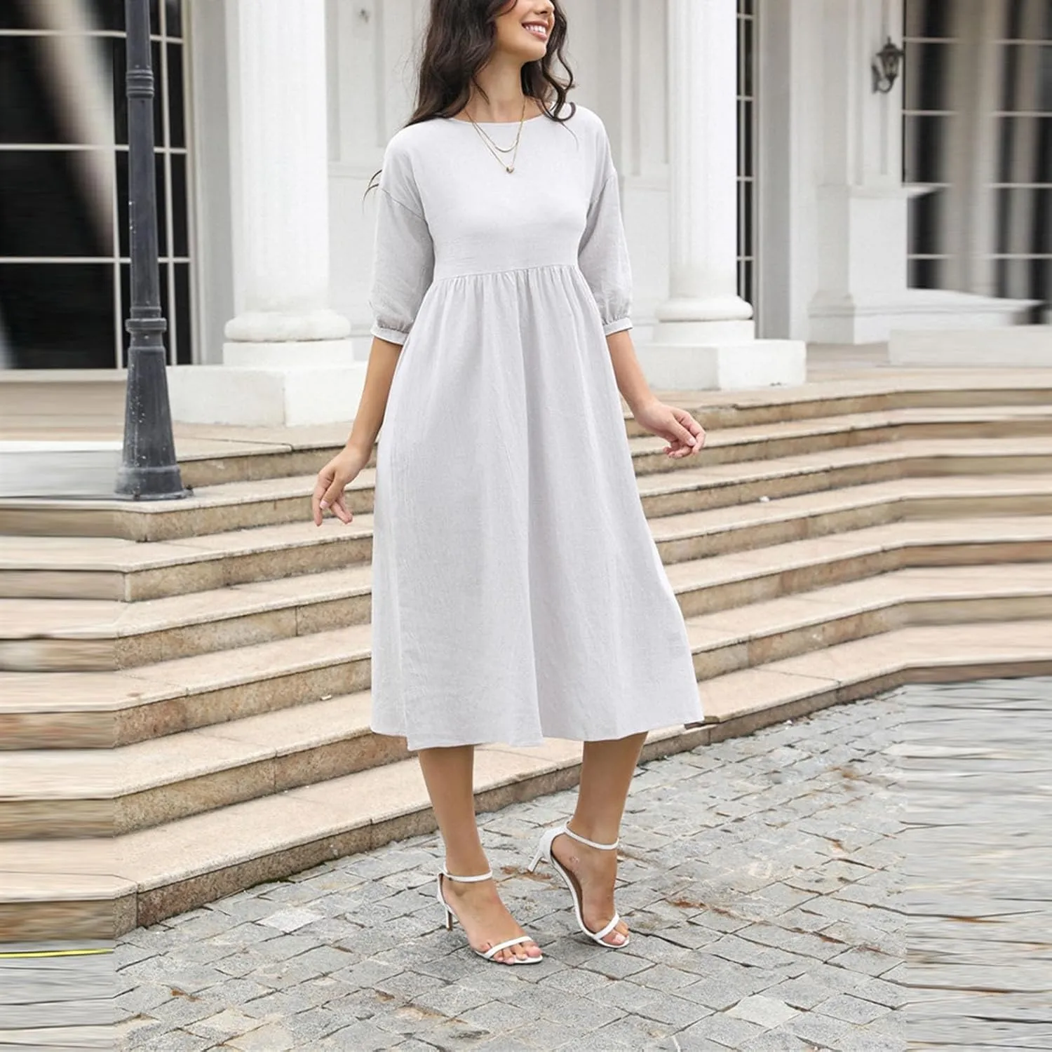 Finelylove Womens Casual Midi Dress Cotton Linen A Line Summer Dress Half Sleeve Flowy Sundress Casual Vacation Beach Dress