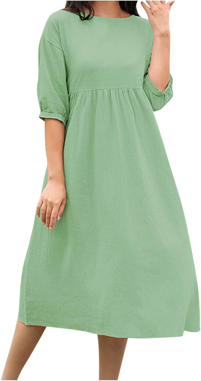 Finelylove Womens Casual Midi Dress Cotton Linen A Line Summer Dress Half Sleeve Flowy Sundress Casual Vacation Beach Dress
