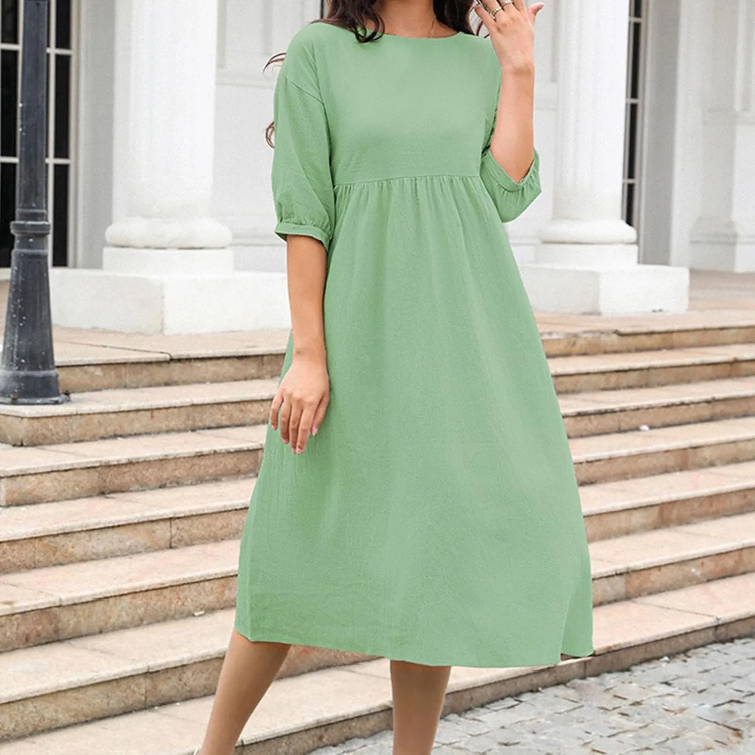 Finelylove Womens Casual Midi Dress Cotton Linen A Line Summer Dress Half Sleeve Flowy Sundress Casual Vacation Beach Dress