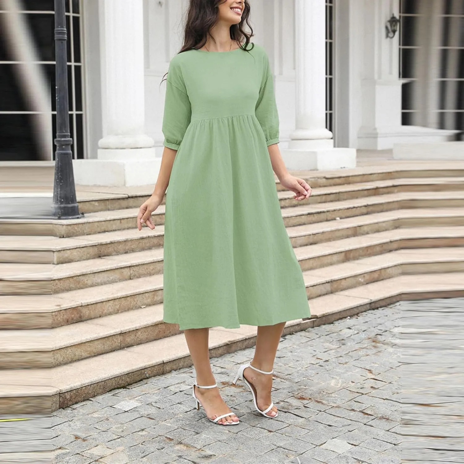Finelylove Womens Casual Midi Dress Cotton Linen A Line Summer Dress Half Sleeve Flowy Sundress Casual Vacation Beach Dress