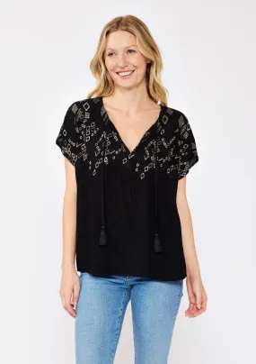 Geo Embroidered Dolman Sleeve Tie Neck Blouse
