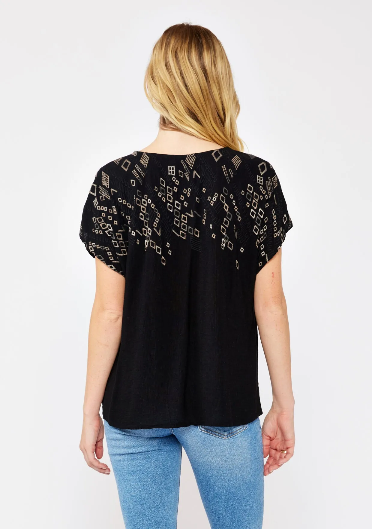 Geo Embroidered Dolman Sleeve Tie Neck Blouse