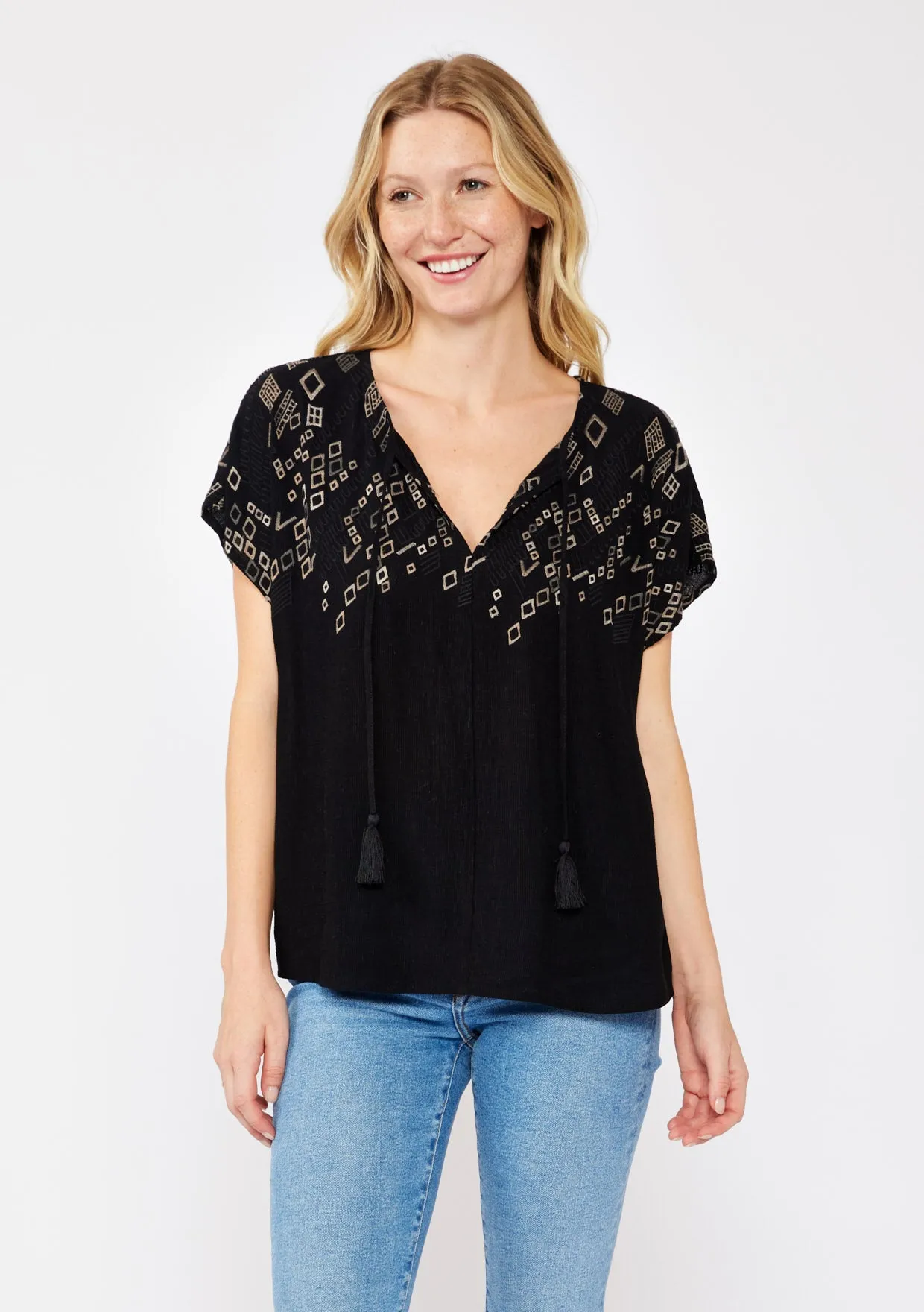 Geo Embroidered Dolman Sleeve Tie Neck Blouse