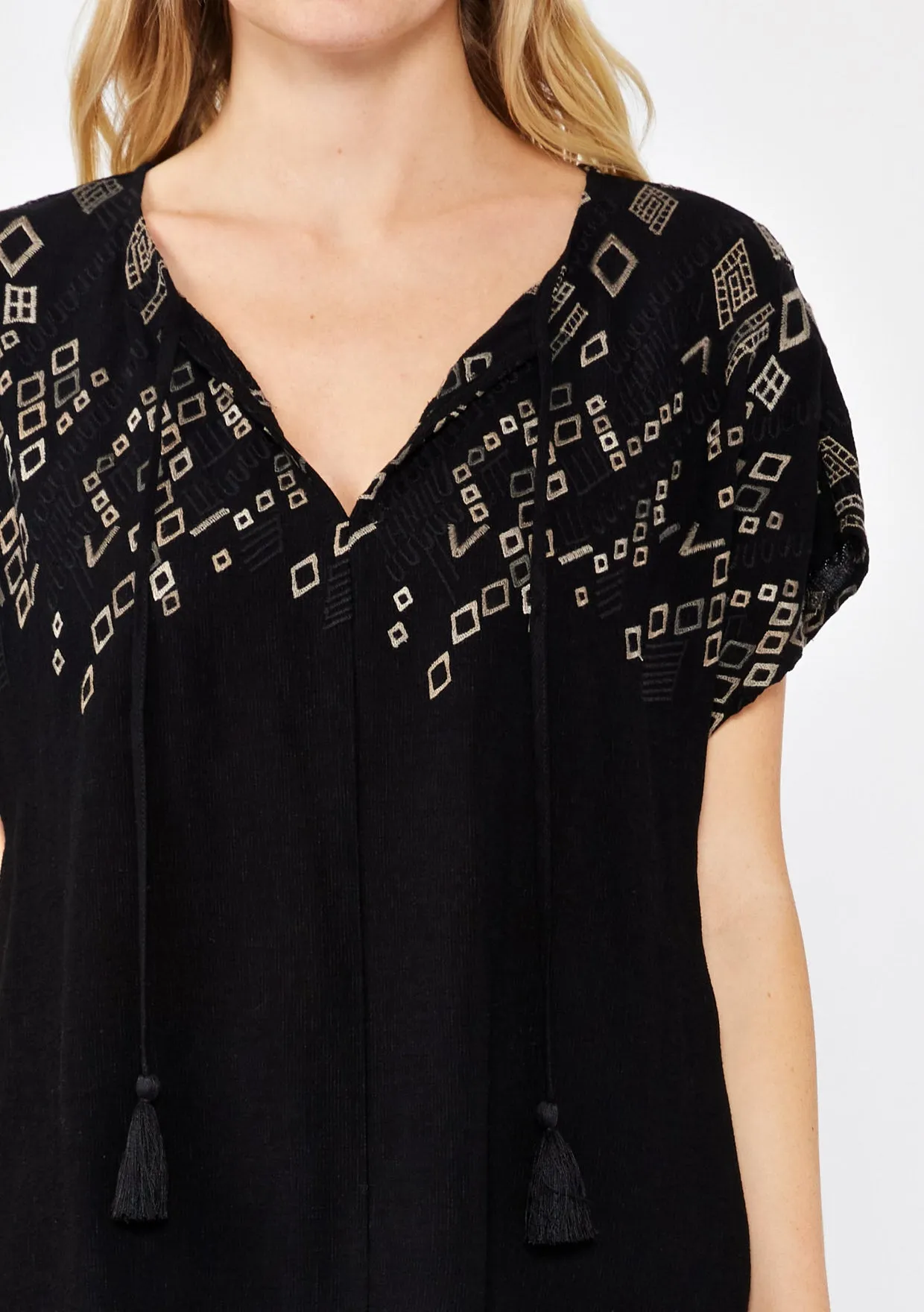 Geo Embroidered Dolman Sleeve Tie Neck Blouse