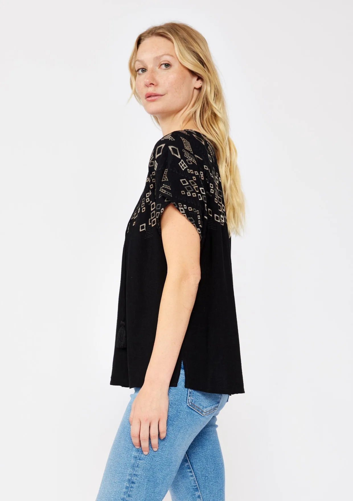 Geo Embroidered Dolman Sleeve Tie Neck Blouse