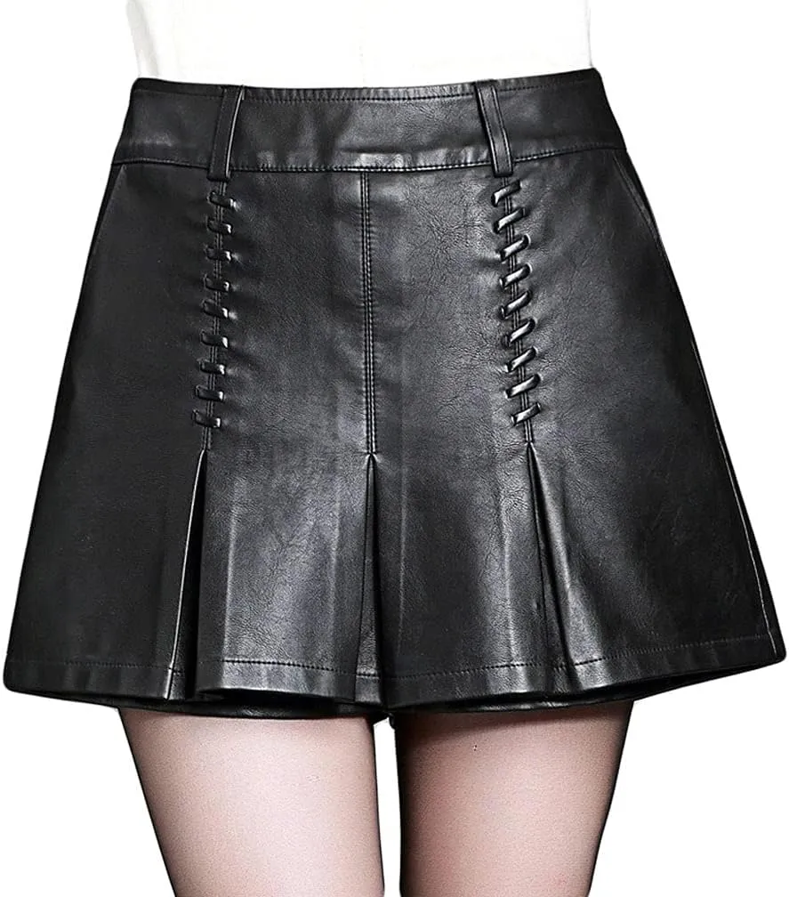 GGUHHU Womens Chic High-Waist Pleated A-Line Faux-Leather Miniskirt Skorts with Pockets