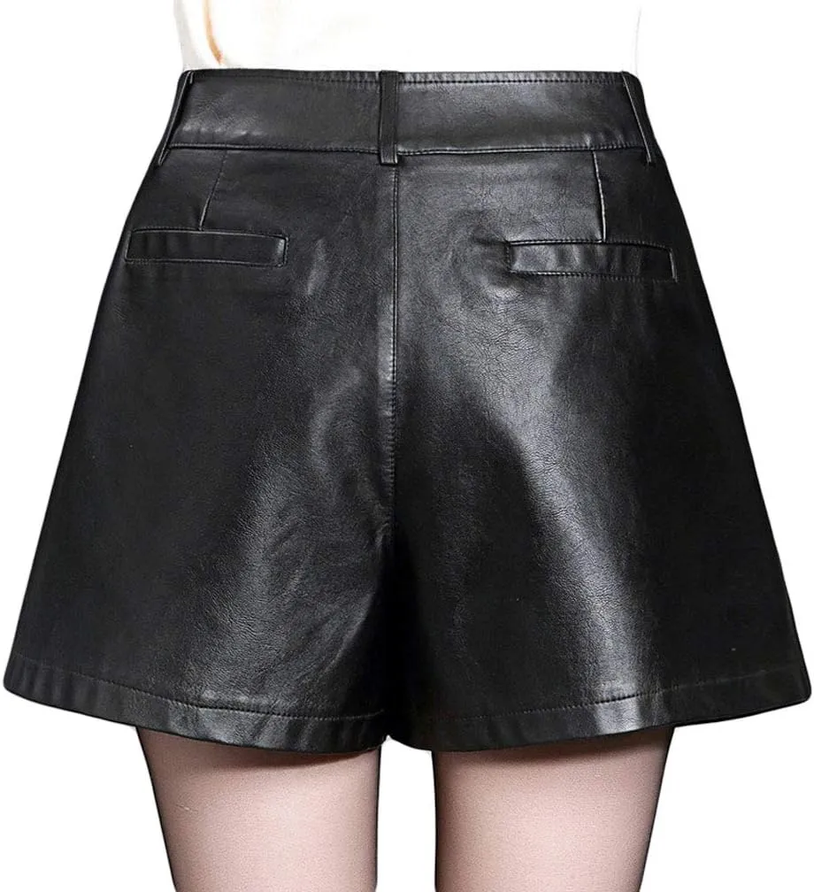 GGUHHU Womens Chic High-Waist Pleated A-Line Faux-Leather Miniskirt Skorts with Pockets