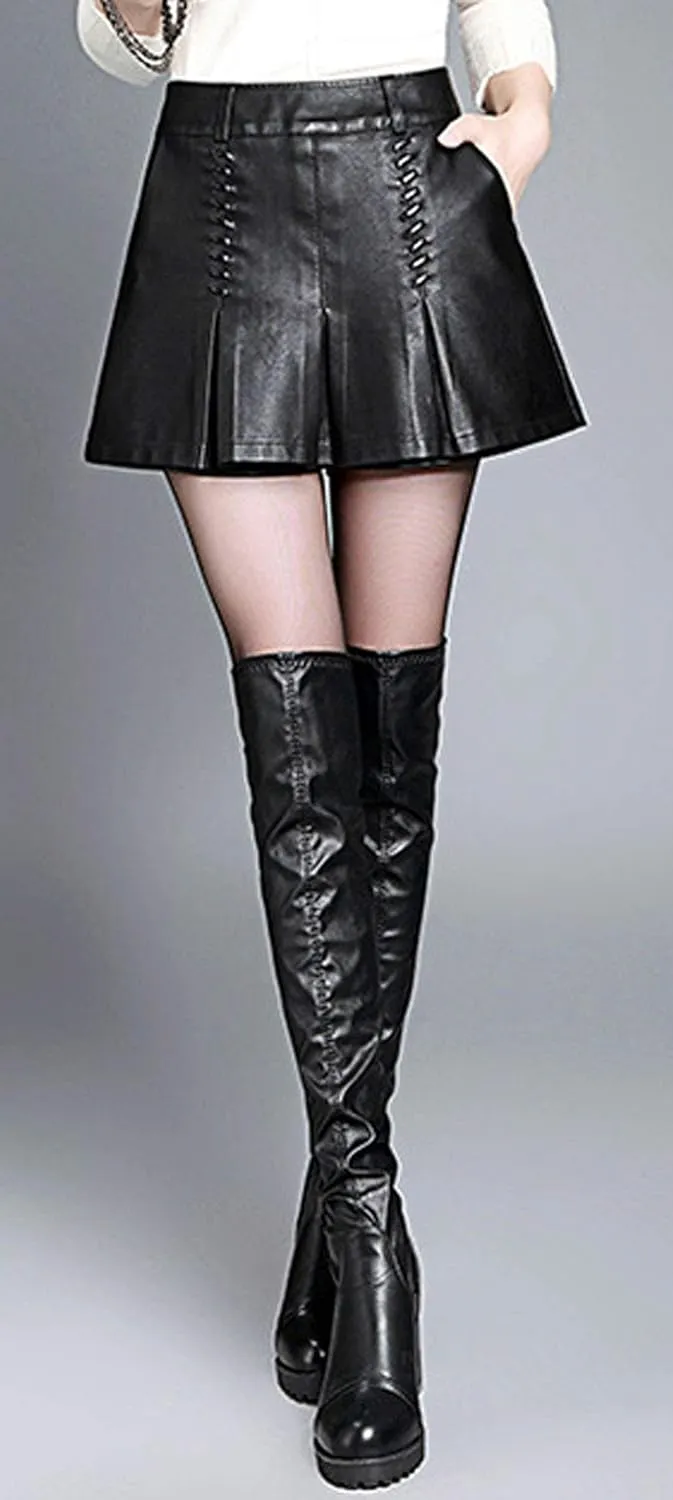 GGUHHU Womens Chic High-Waist Pleated A-Line Faux-Leather Miniskirt Skorts with Pockets