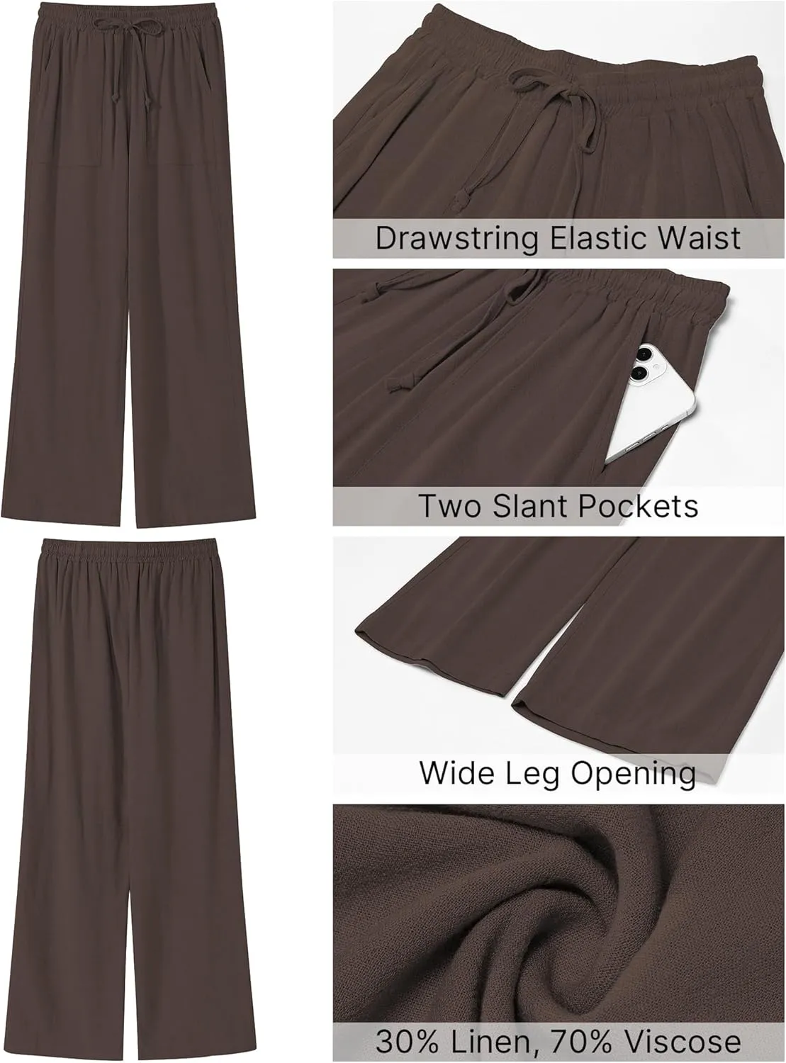 GRAPENT Linen Pants for Women Wide Leg High Waisted Baggy Drawstring Elastic Waist Palazzo Trousers Pants with Pockets