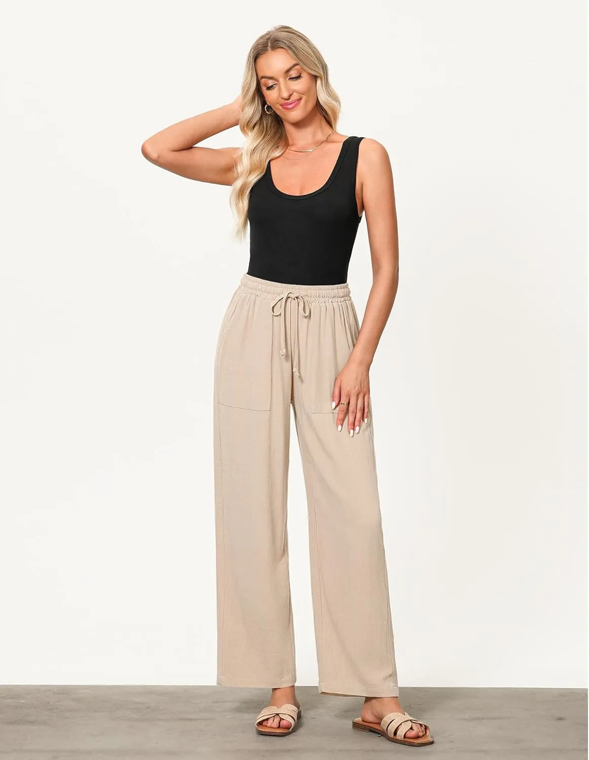 GRAPENT Linen Pants for Women Wide Leg High Waisted Baggy Drawstring Elastic Waist Palazzo Trousers Pants with Pockets