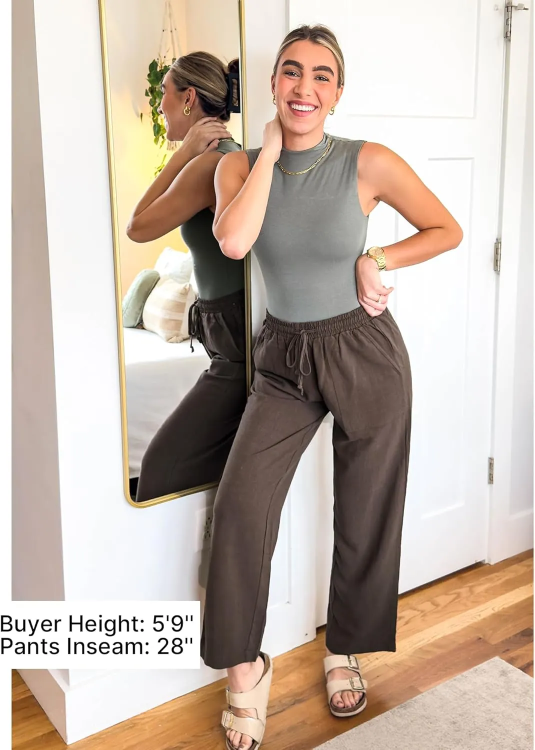 GRAPENT Linen Pants for Women Wide Leg High Waisted Baggy Drawstring Elastic Waist Palazzo Trousers Pants with Pockets