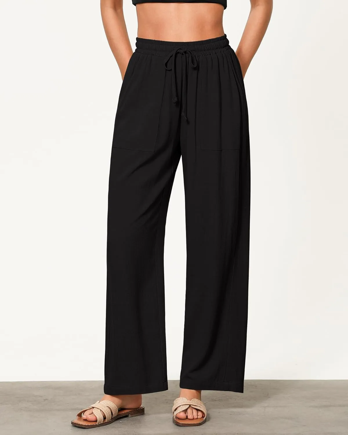 GRAPENT Linen Pants for Women Wide Leg High Waisted Baggy Drawstring Elastic Waist Palazzo Trousers Pants with Pockets