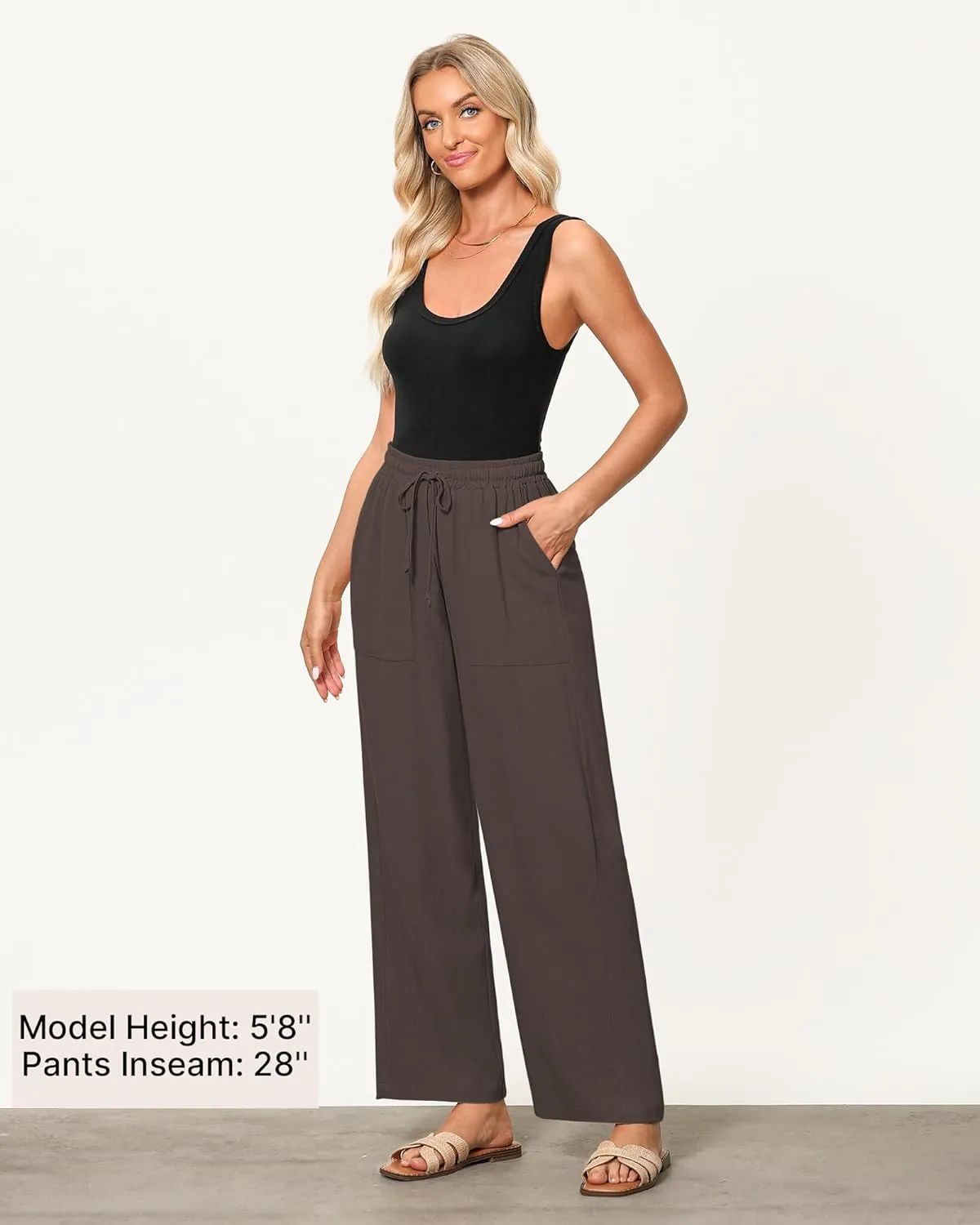 GRAPENT Linen Pants for Women Wide Leg High Waisted Baggy Drawstring Elastic Waist Palazzo Trousers Pants with Pockets
