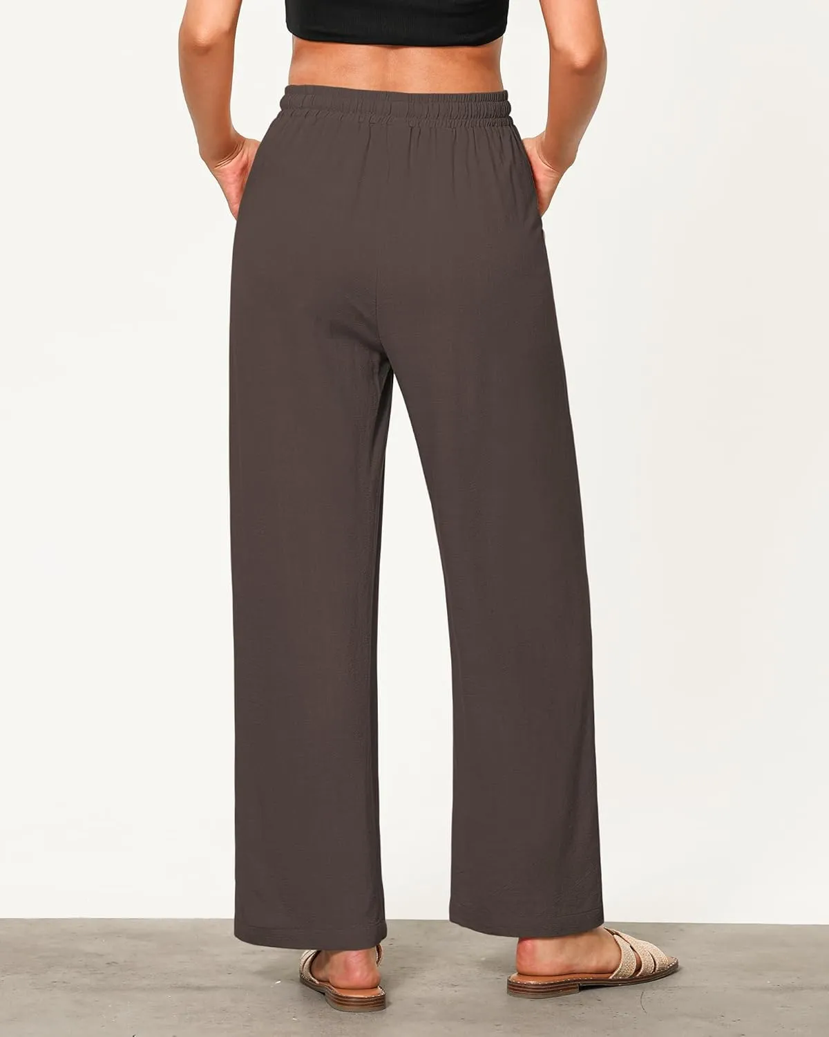 GRAPENT Linen Pants for Women Wide Leg High Waisted Baggy Drawstring Elastic Waist Palazzo Trousers Pants with Pockets