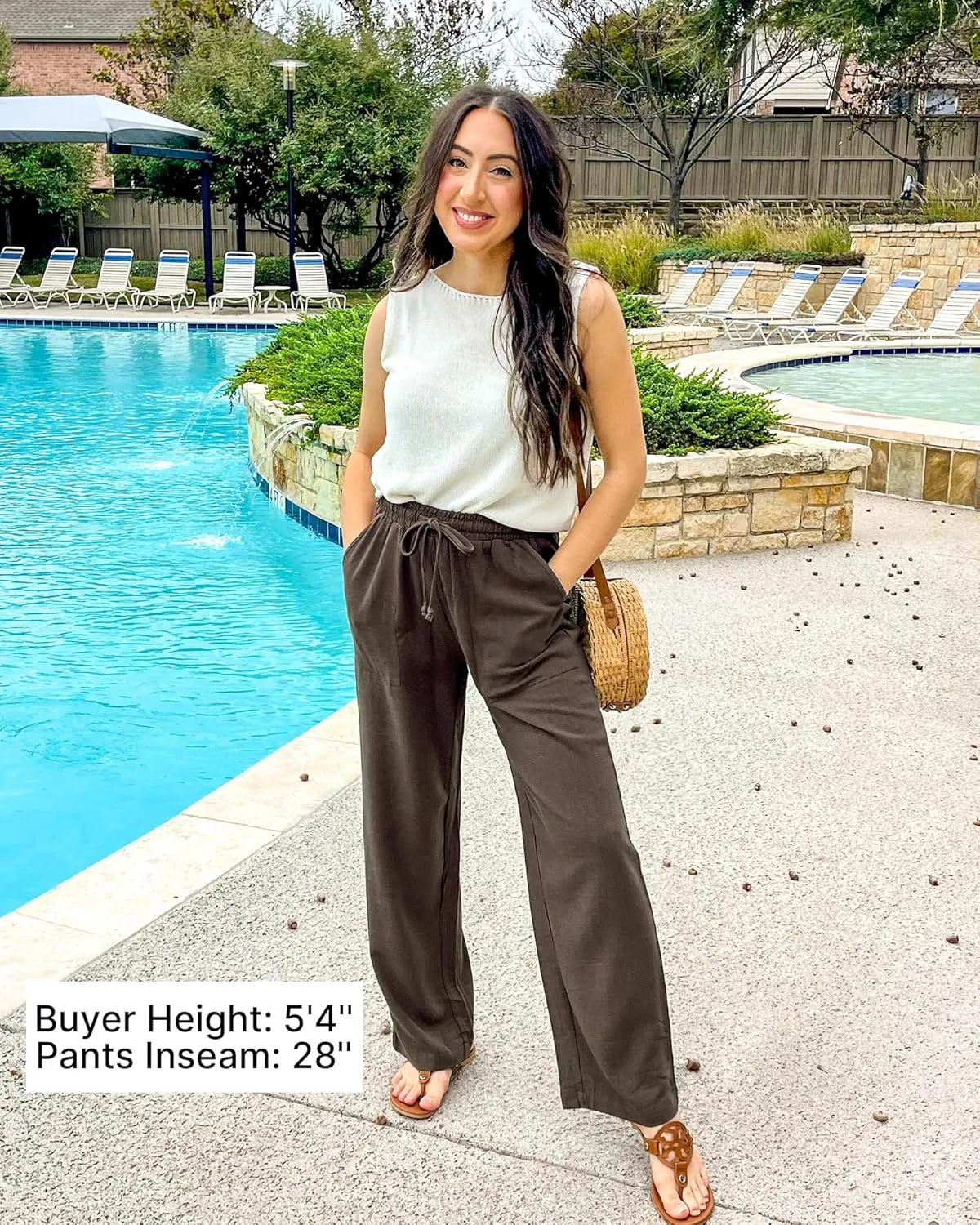 GRAPENT Linen Pants for Women Wide Leg High Waisted Baggy Drawstring Elastic Waist Palazzo Trousers Pants with Pockets
