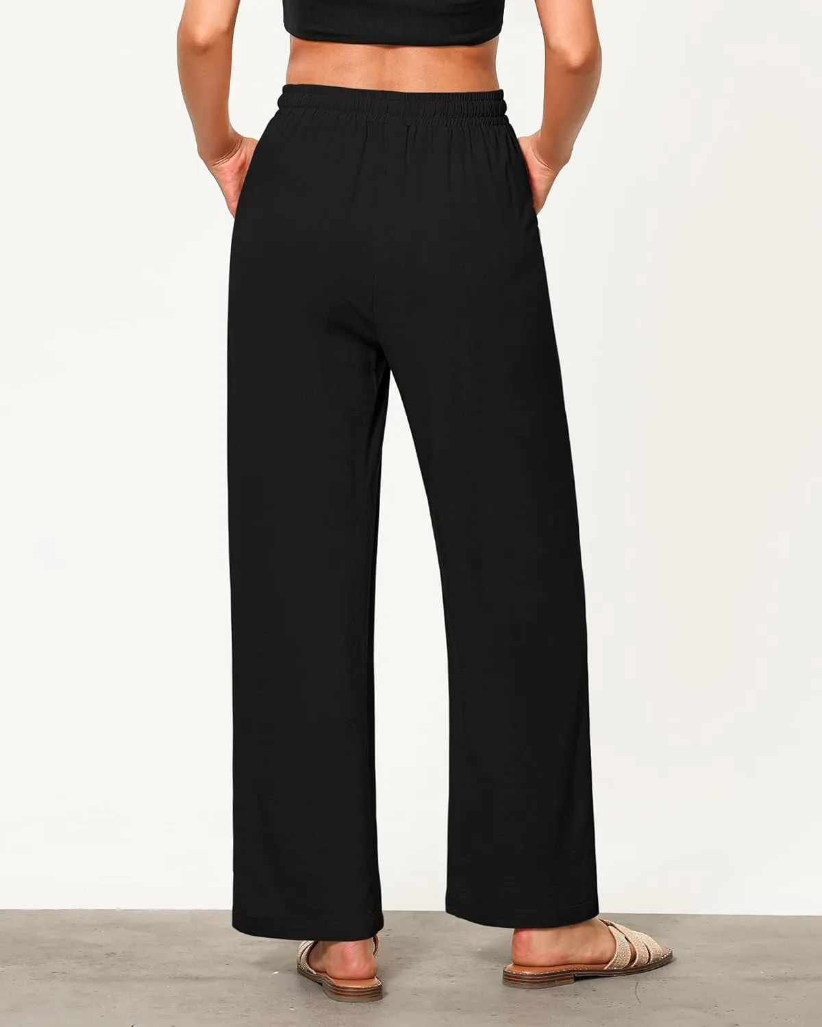 GRAPENT Linen Pants for Women Wide Leg High Waisted Baggy Drawstring Elastic Waist Palazzo Trousers Pants with Pockets