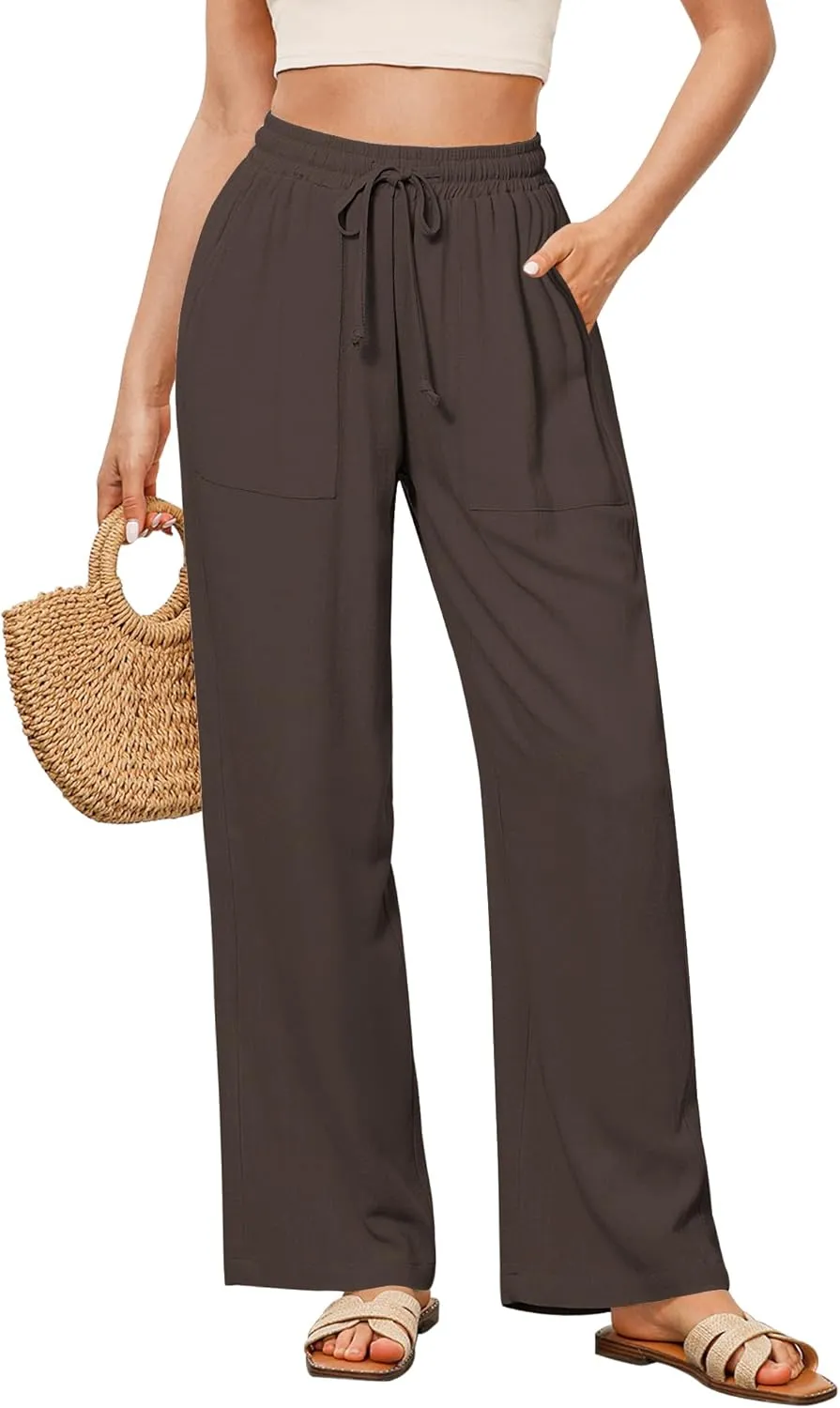 GRAPENT Linen Pants for Women Wide Leg High Waisted Baggy Drawstring Elastic Waist Palazzo Trousers Pants with Pockets