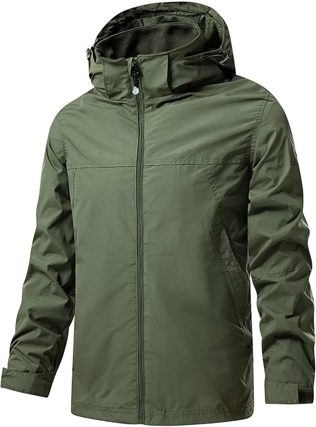 JEShifangjiusu Men's Classic Waterproof Breathable Rain Jacket Hooded Hiking Coat Casual Lightweight Windbreaker Outwear, Army Green, 4X-Large