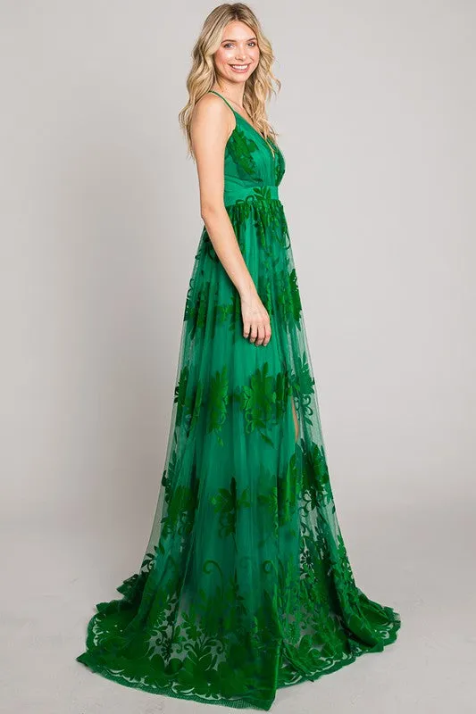 Kelly Green Velvet Print Maxi Dress
