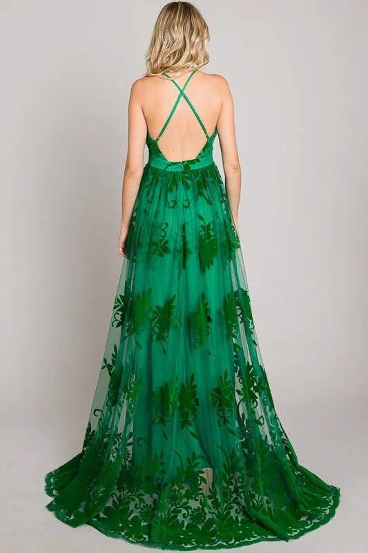 Kelly Green Velvet Print Maxi Dress