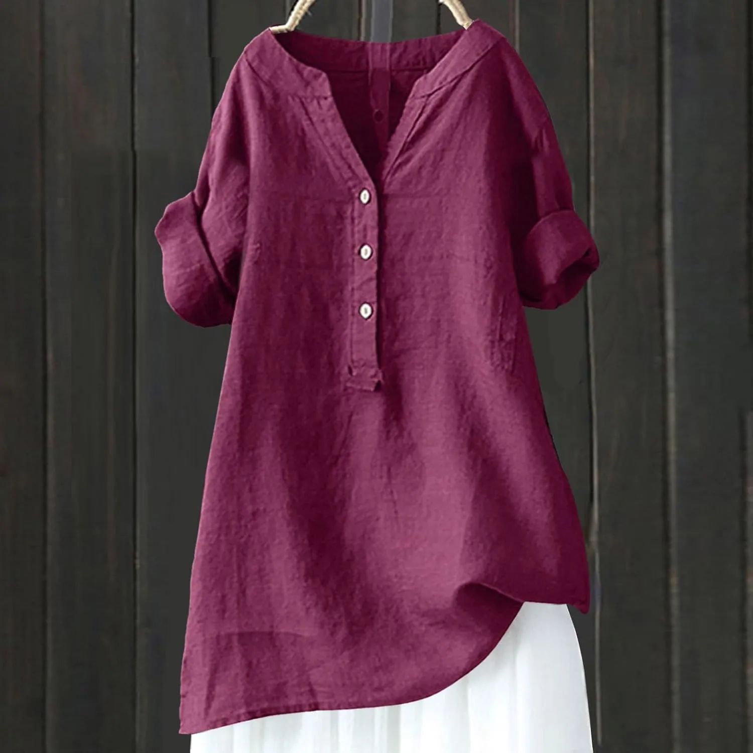 Linen Shirt for Women Short Sleeve V Neck Shirts Loose Fit Button Blouses Casual Solid Color Tops Breathable Summer Tee