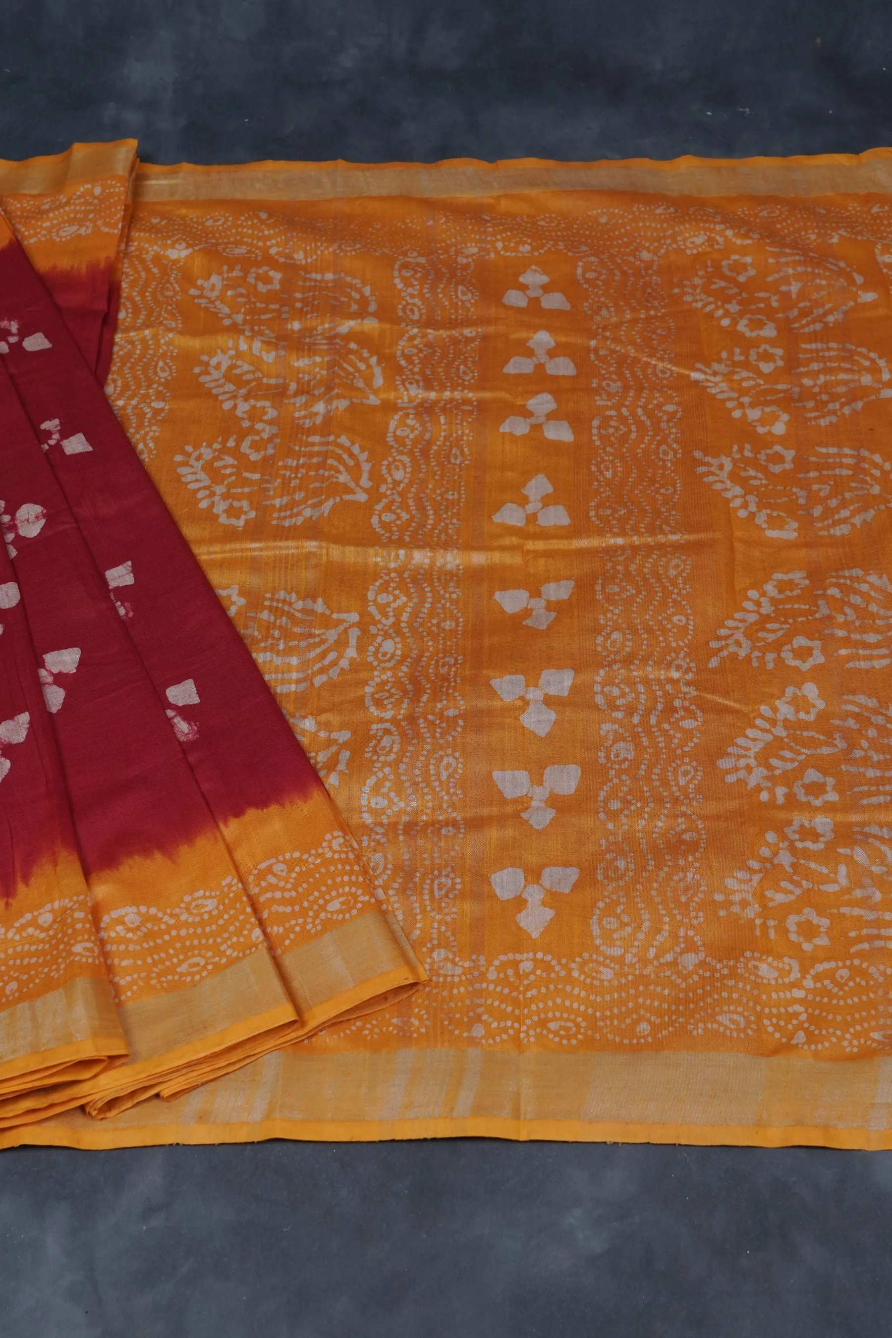 Liva Certified Linen Cotton Saree: Batik Prints and Contrast Border