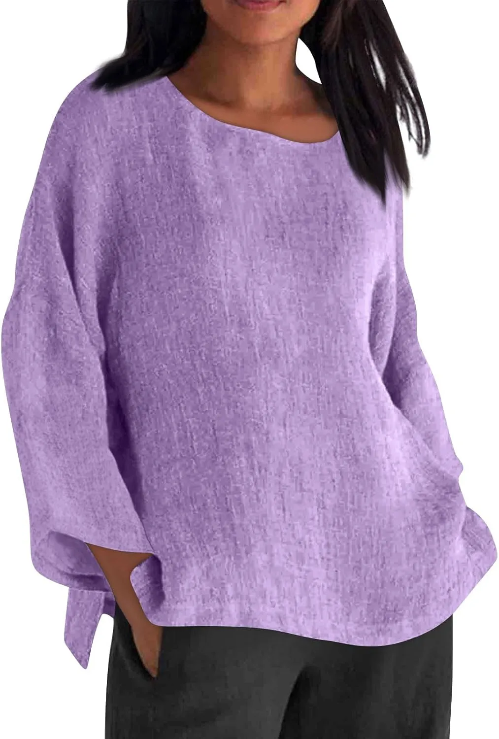 Long Sleeve Cotton Linen Shirts for Women Spring Summer Tops 2025 Blouse Plus Size Tunic Crewneck Tshirts Tees Tunic